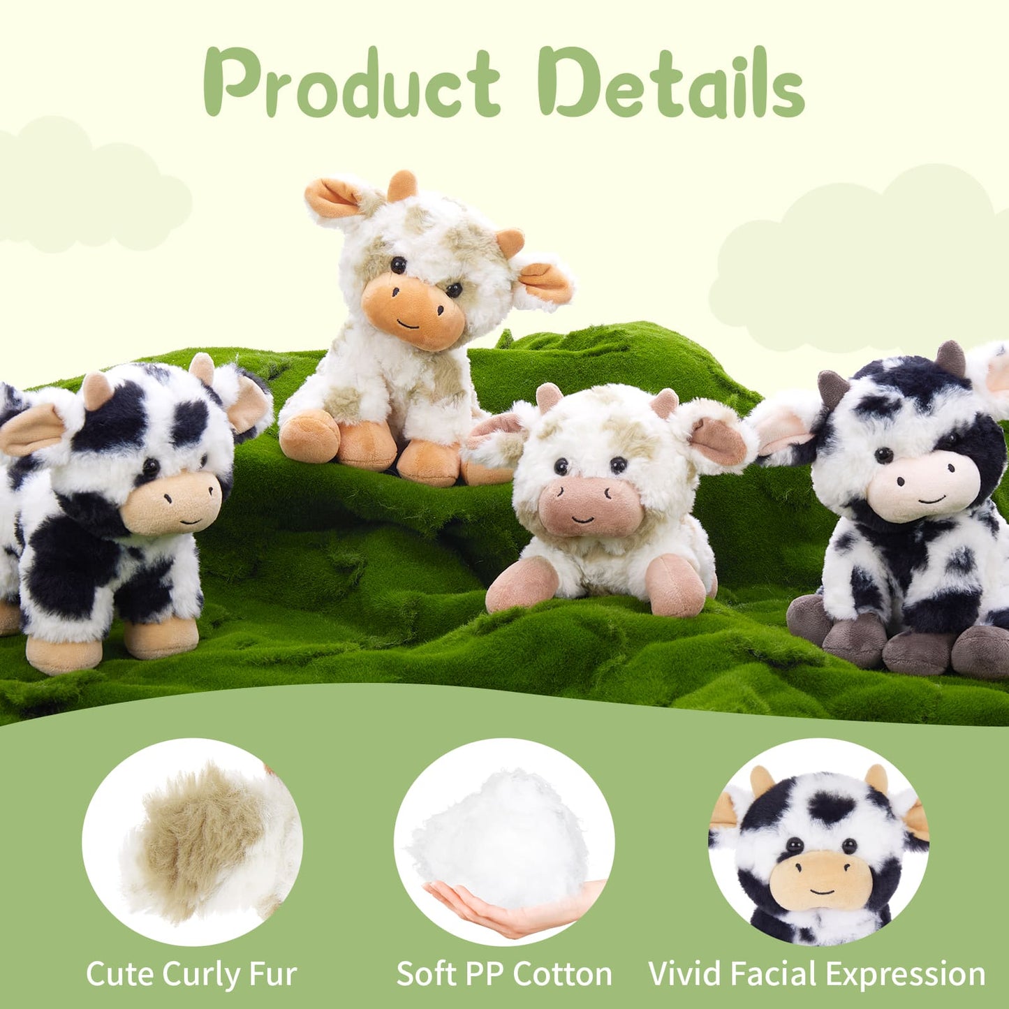 Kawaii Plush Cow Toys - Four Stuffed Cow Toy Assortment - Mini Stuffed Animals Party Favors