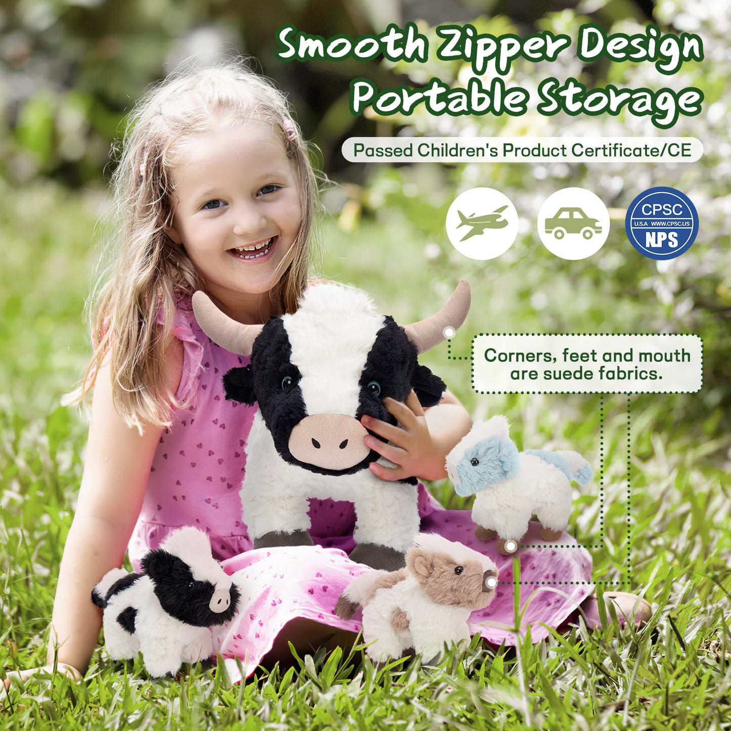 MorisMos 4 Pcs Cow Plush Toy Set, Mommy Cow Stuffed Animal with 3 Adorable Calf Babies in Mom's Belly, 20" Soft Farm Animal for Girls Boys Kids, Christmas Birthday Gift 