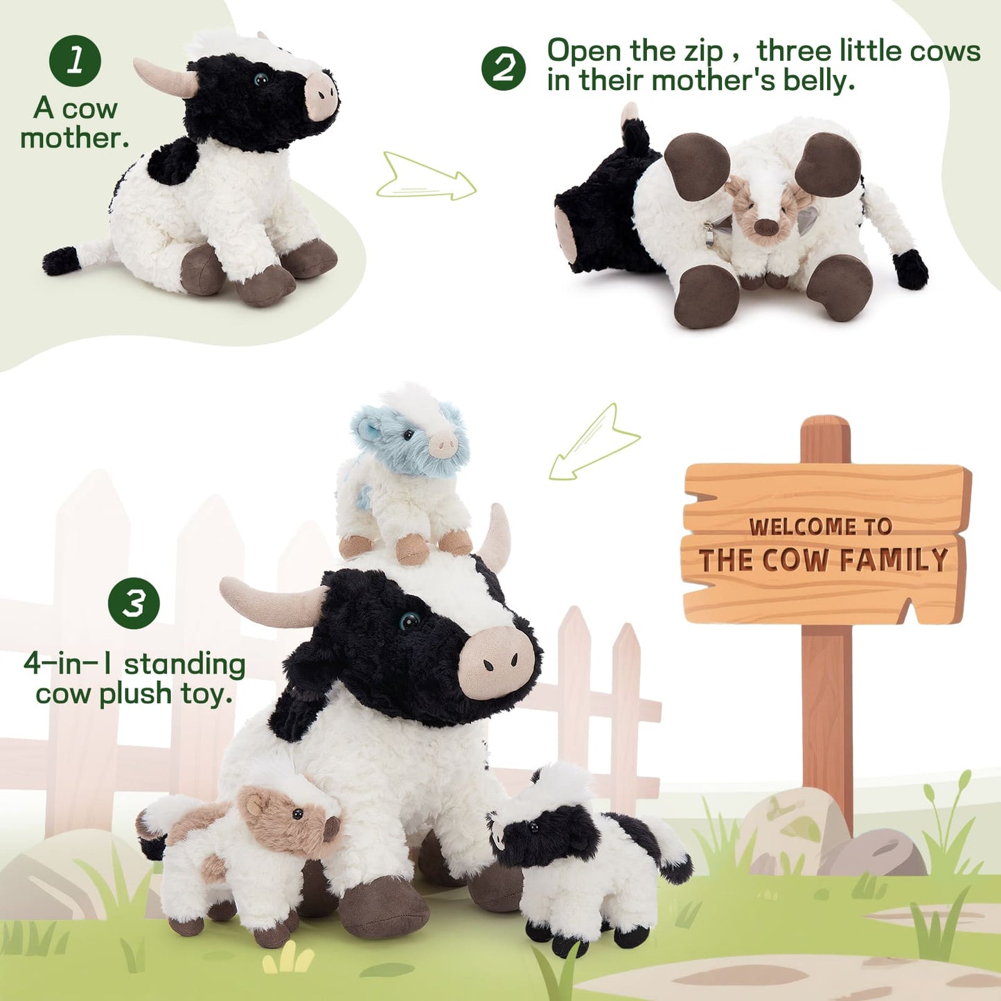 MorisMos 4 Pcs Cow Plush Toy Set, Mommy Cow Stuffed Animal with 3 Adorable Calf Babies in Mom's Belly, 20" Soft Farm Animal for Girls Boys Kids, Christmas Birthday Gift 