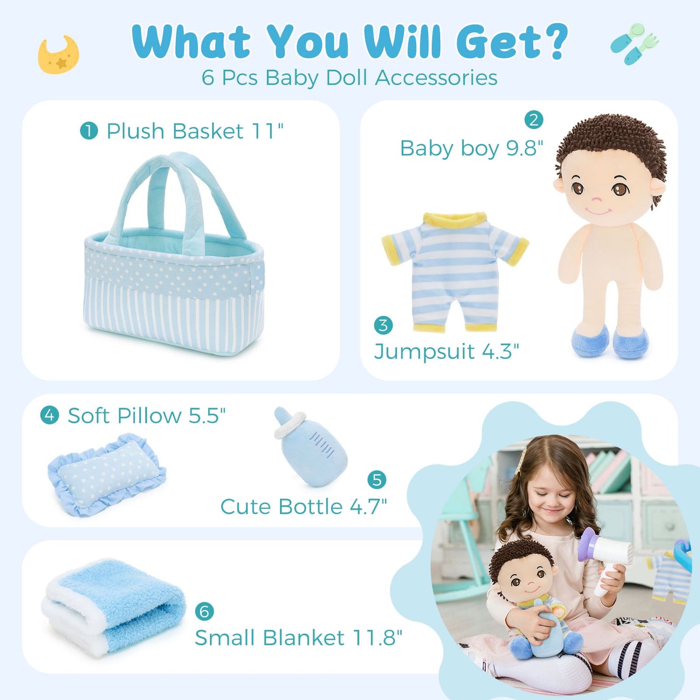 Adorable baby doll stuffed toy with striped pajamas and baby care accessories including diaper bag, bottle, blanket, and pillow for kids role play