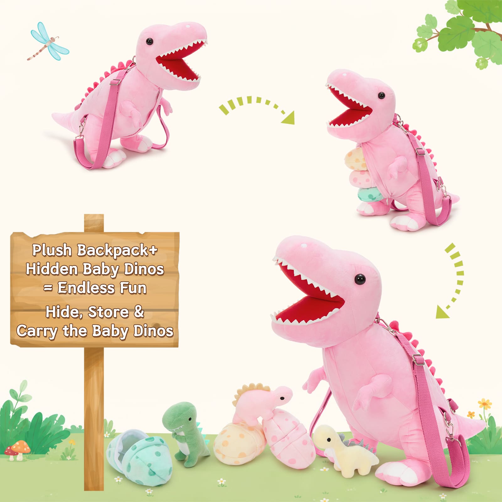 Cute T-Rex Stuffed Animal Bag with Mini Dino Toys for Kids
