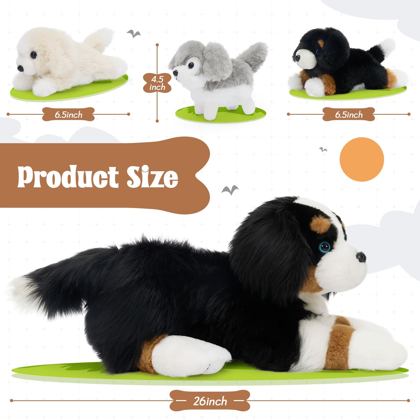Cute Bernese Mountain Dog stuffed animal set with one big plush dog and three small puppy toys soft fluffy texture ideal for dog lovers and kids playtime