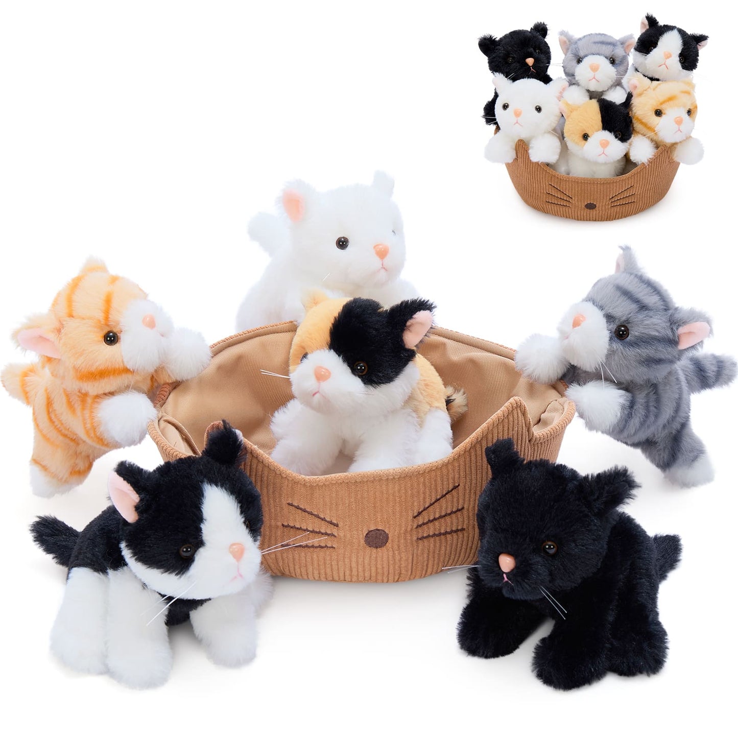 A cute collection of soft cat plush toys arranged in a cozy fabric basket, featuring multiple kitten designs in black, white, orange, and gray, perfect for cuddling and display.