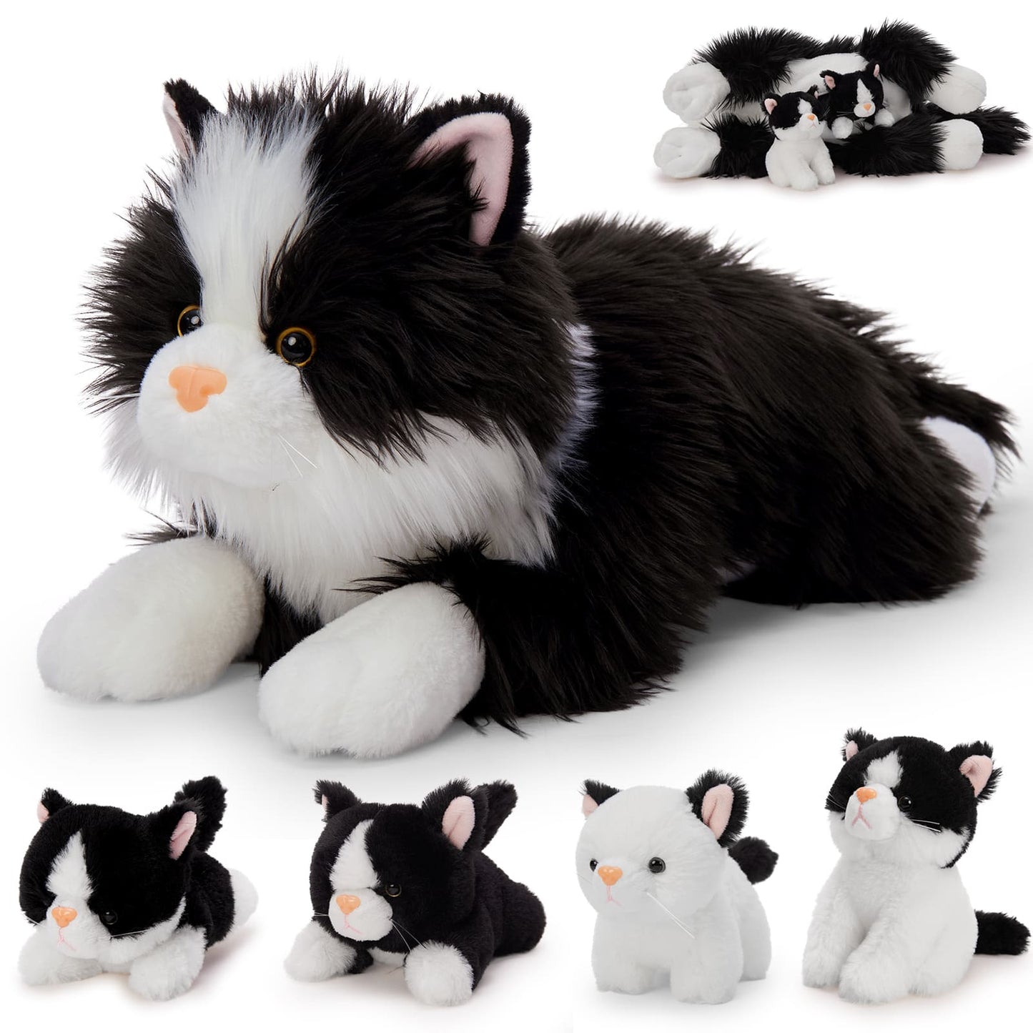 5 Pcs Cat Stuffed Animals Set, 20 inch Large Realistic Stuffed Cat with 4 Cute Kittens Baby, Soft Black and White Ragdoll Plush Pillow for Boys Girls