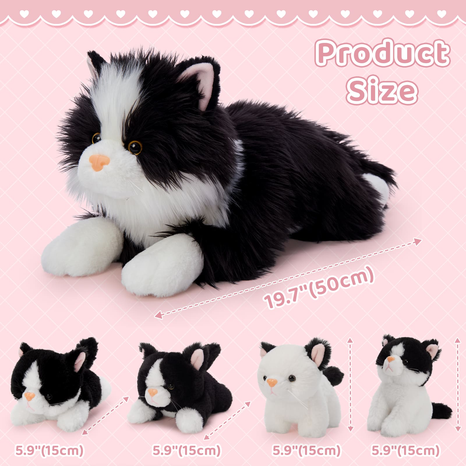 Kawaii Cat Stuffed Animals with 4 Kittens, 19.7 Inches