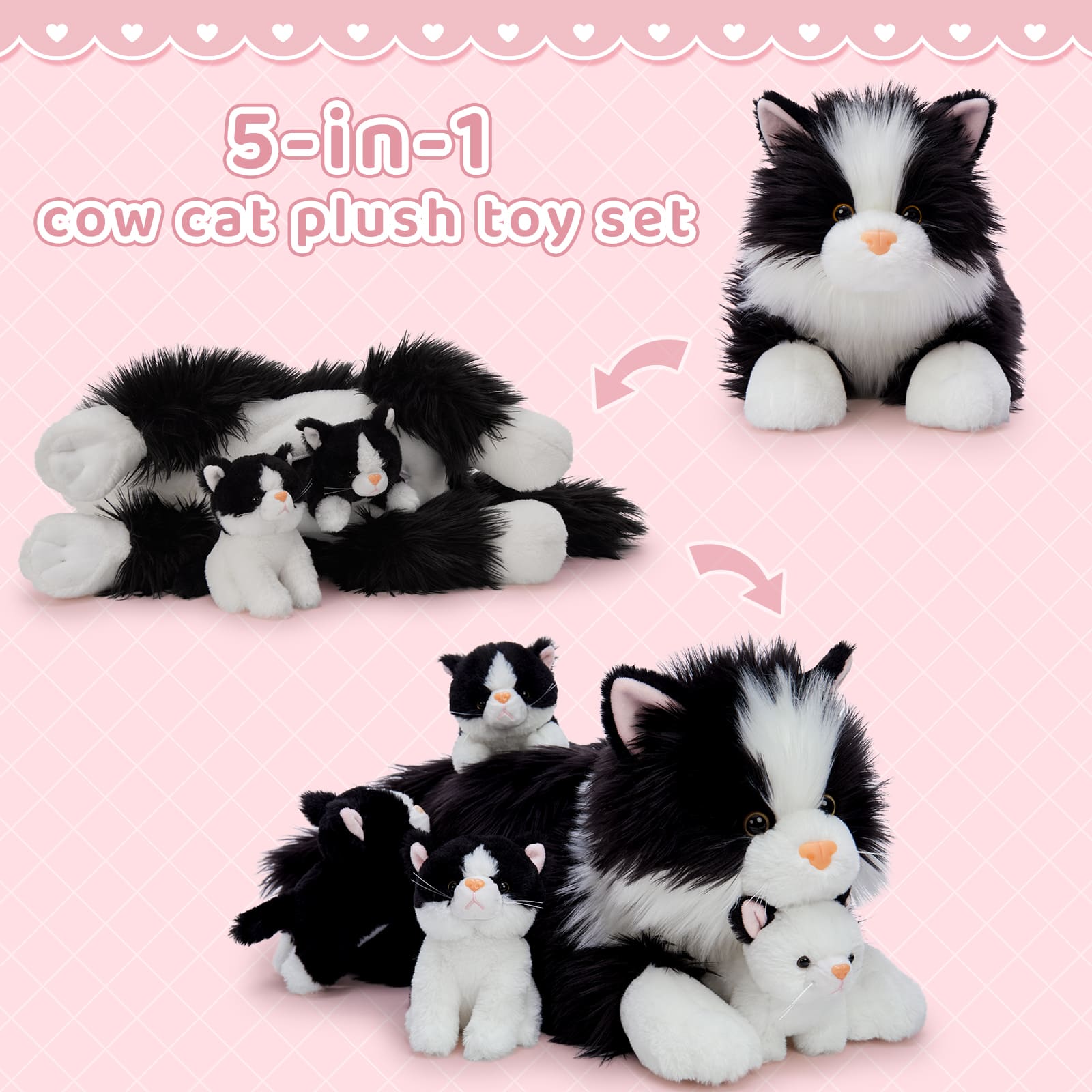 Kawaii Cat Stuffed Animals with 4 Kittens, 19.7 Inches