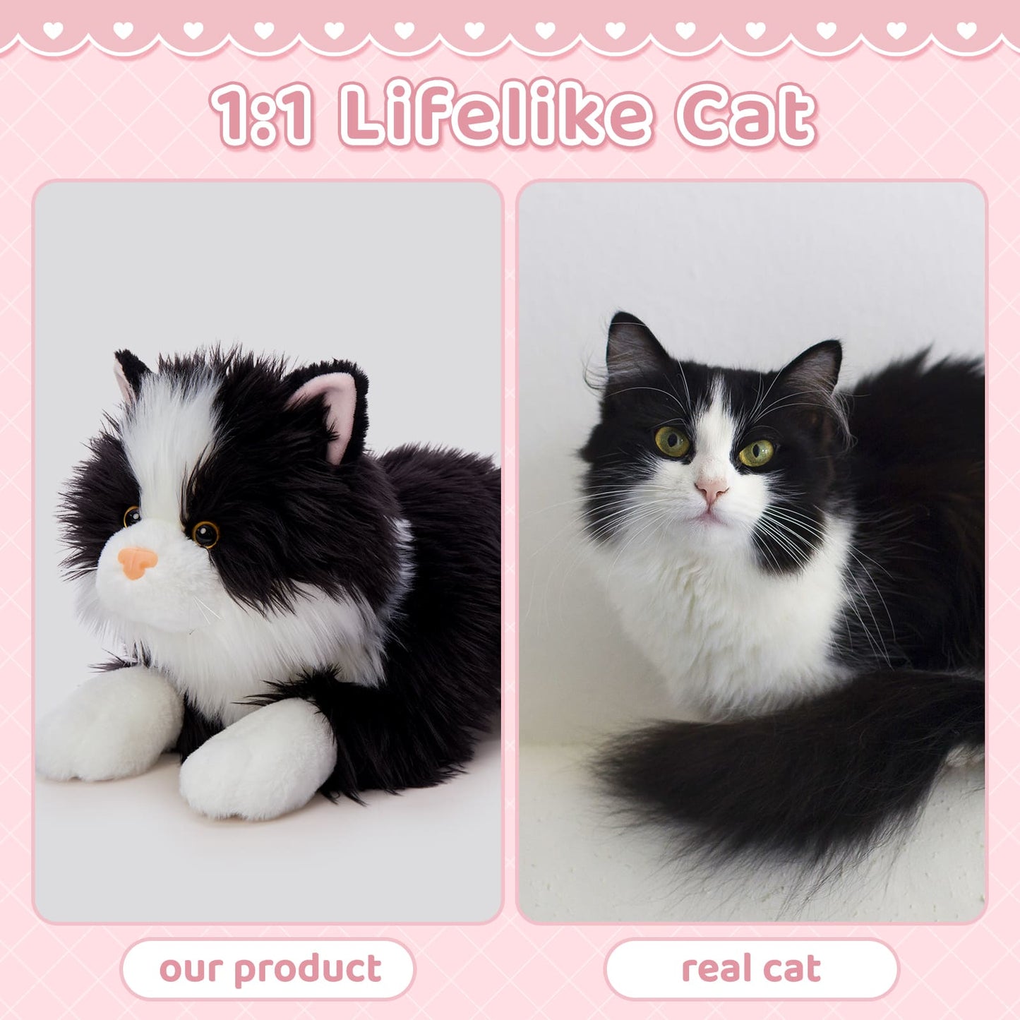 5 Pcs Cat Stuffed Animals Set, 20 inch Large Realistic Stuffed Cat with 4 Cute Kittens Baby, Soft Black and White Ragdoll Plush Pillow for Boys Girls
