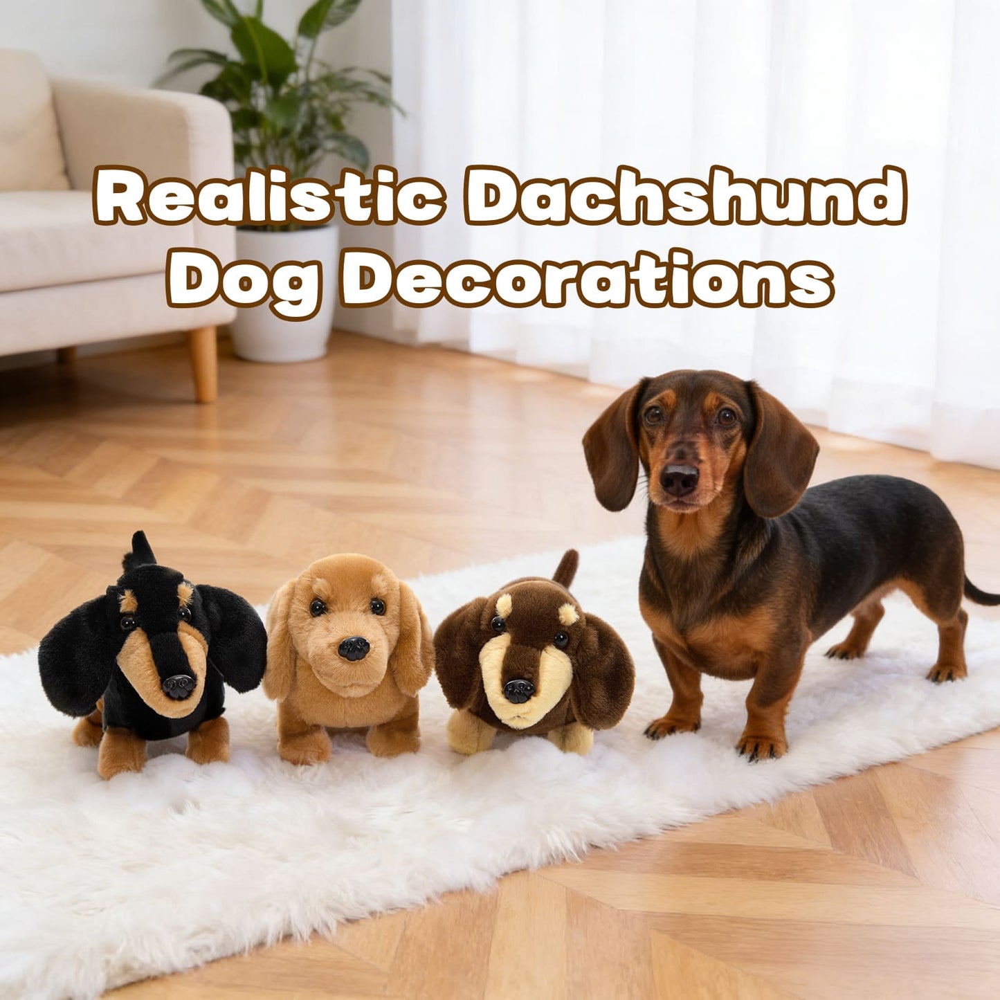 Realistic Dachshund dog decorations on a rug with a living room background