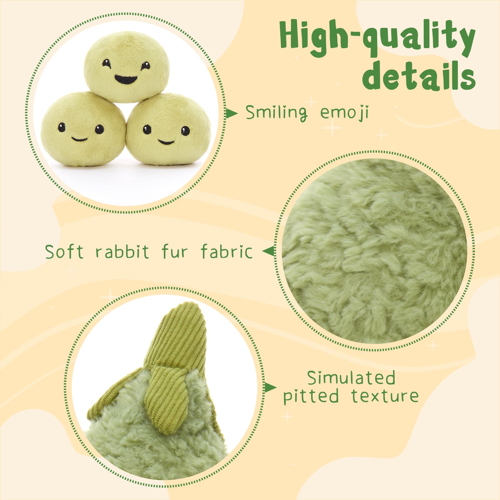 15.7 Inch Lifelike Pea Pod Plush Toy with 3 Removable Beans