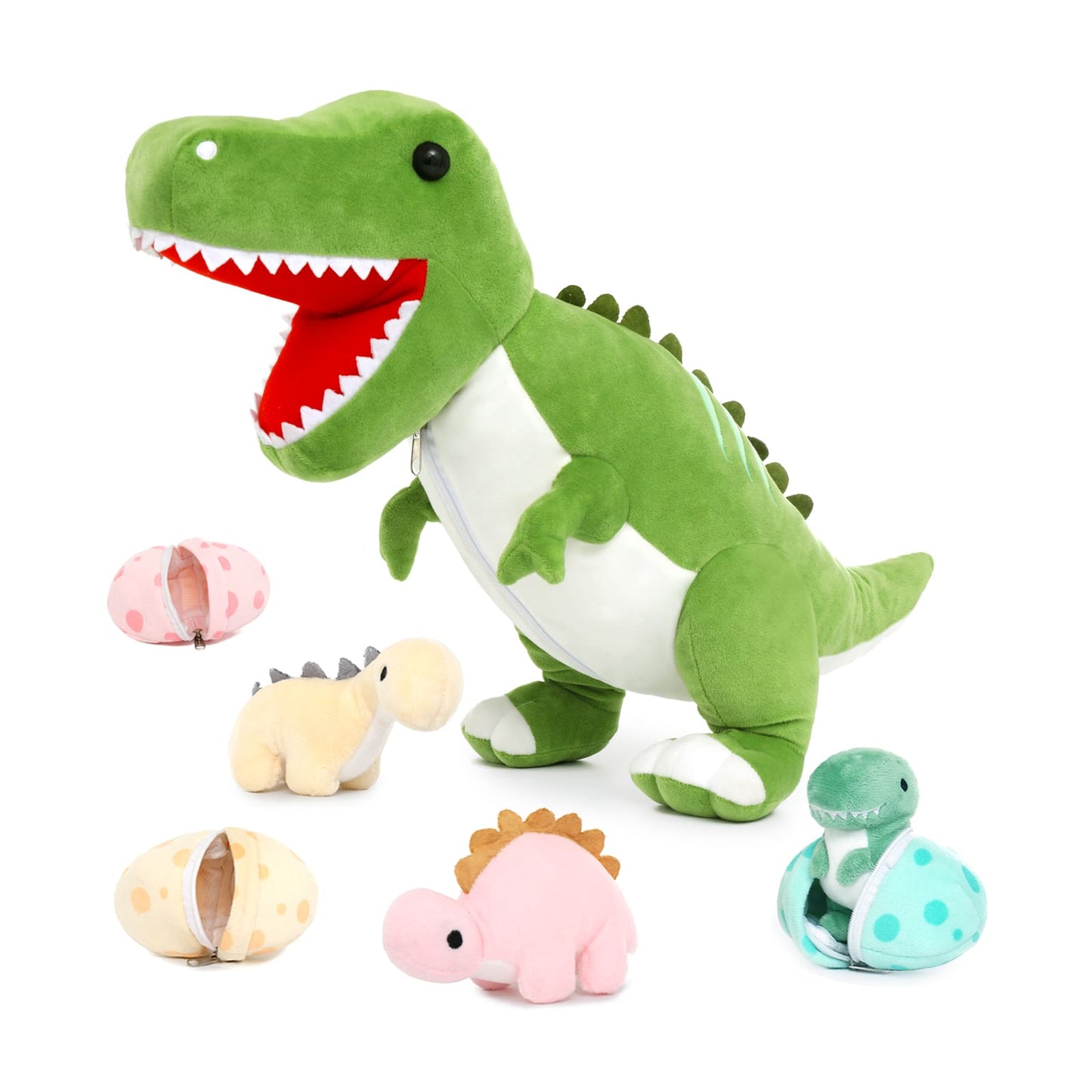 Dinosaur Stuffed Toy with 3 Baby Dinosaurs, Green/Pink/Grey, 23.6 Inches