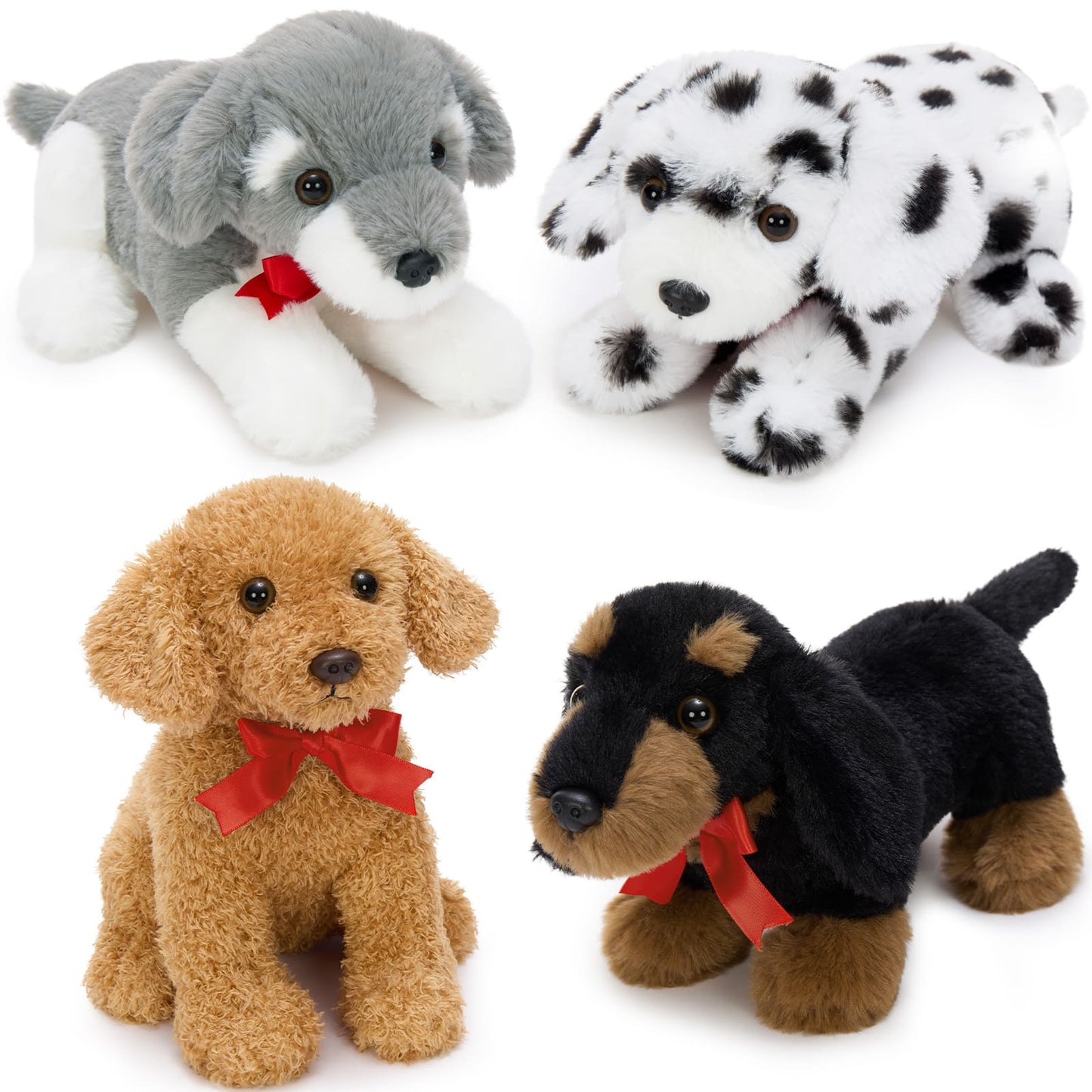 Variety of small dog plush toys with soft fur, cute puppy stuffed animals for kids