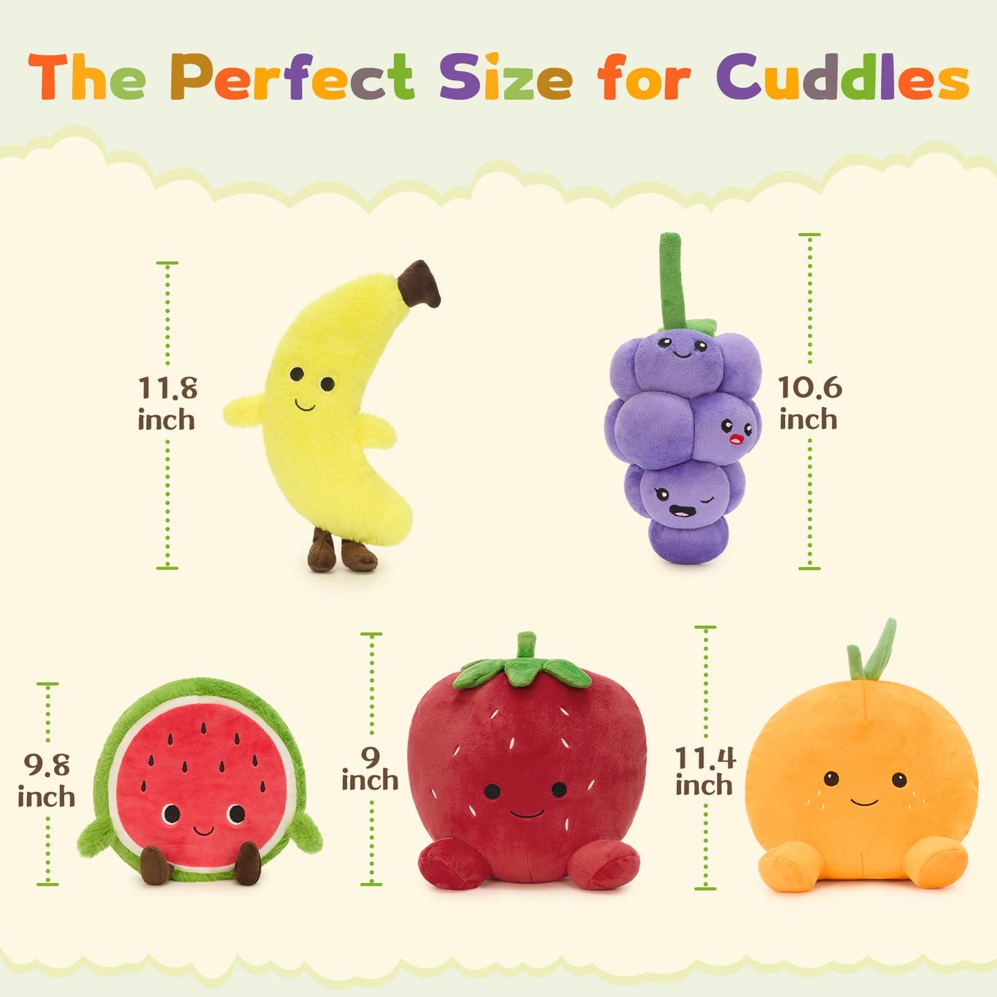 Soft kawaii fruit stuffed animals made for cuddles, including banana plush, watermelon plush, grape plush, strawberry plush, and orange plush toys, perfect for toddlers, children, baby shower gifts, playroom decor, travel pillows, and cute room accents.