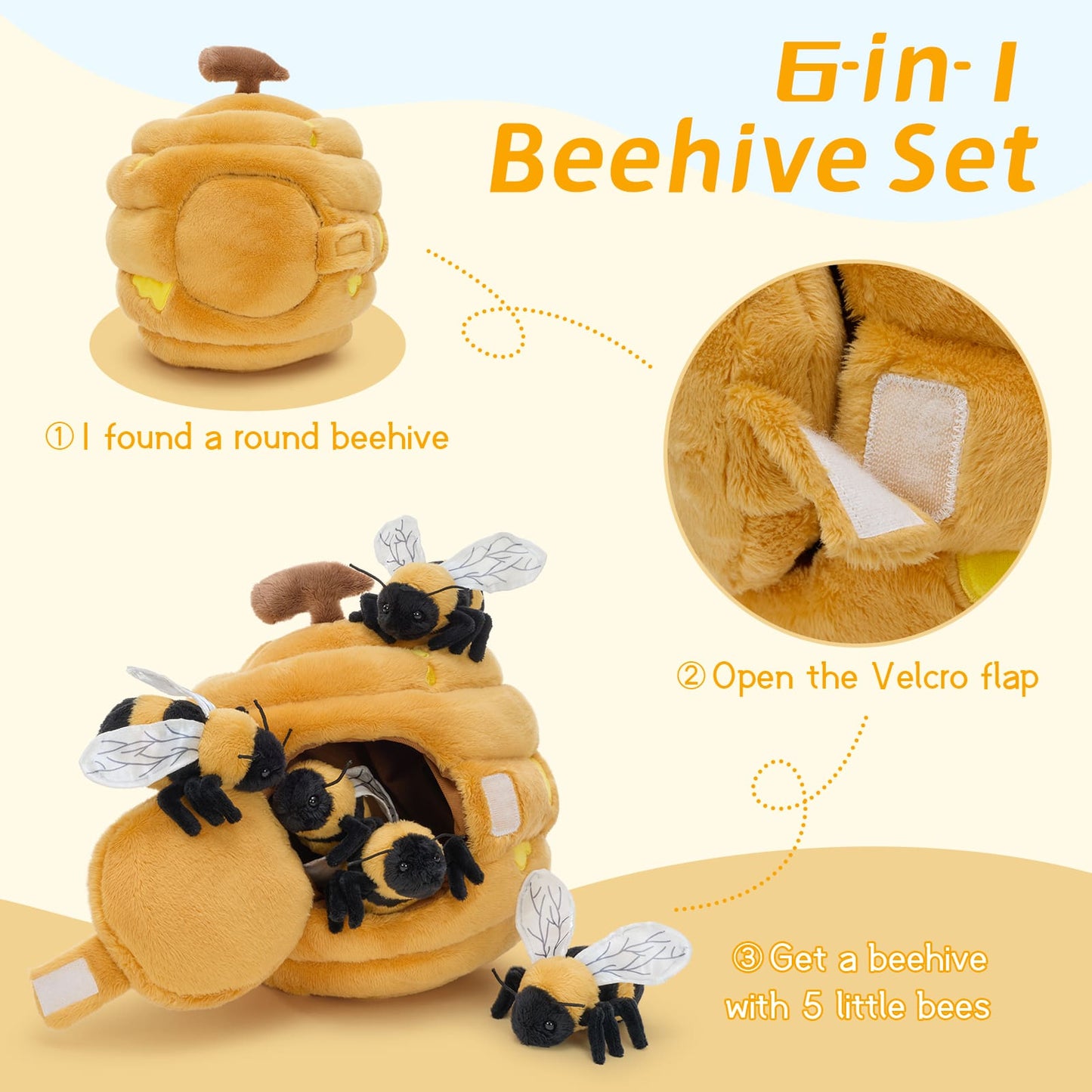 Adorable interactive bee hive plush with mini baby bees that fit inside the hive, soft stuffed animal toy for children’s imaginative play