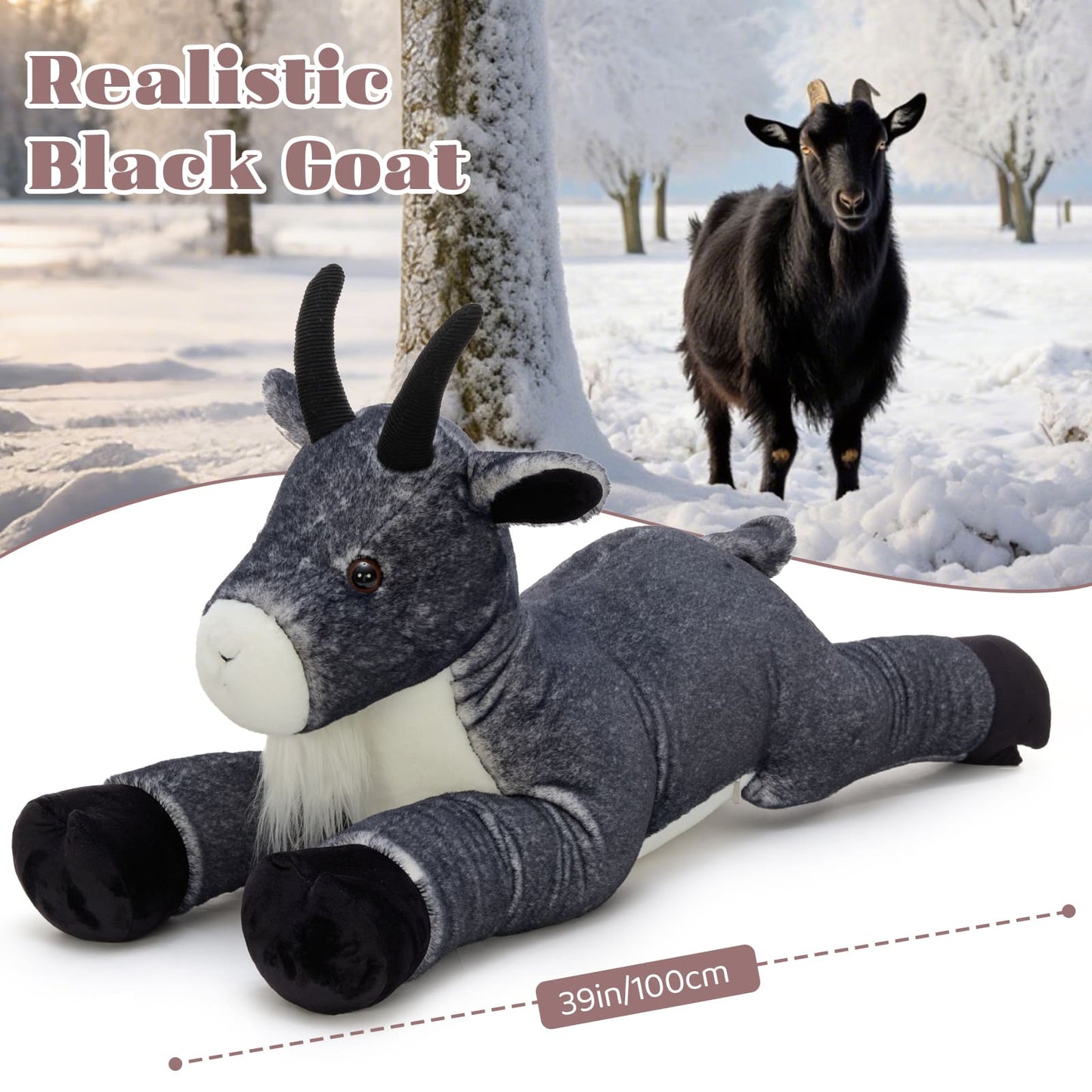 Lifelike goat stuffed animal with horns and fluffy beard, soft plush toy for nursery decor