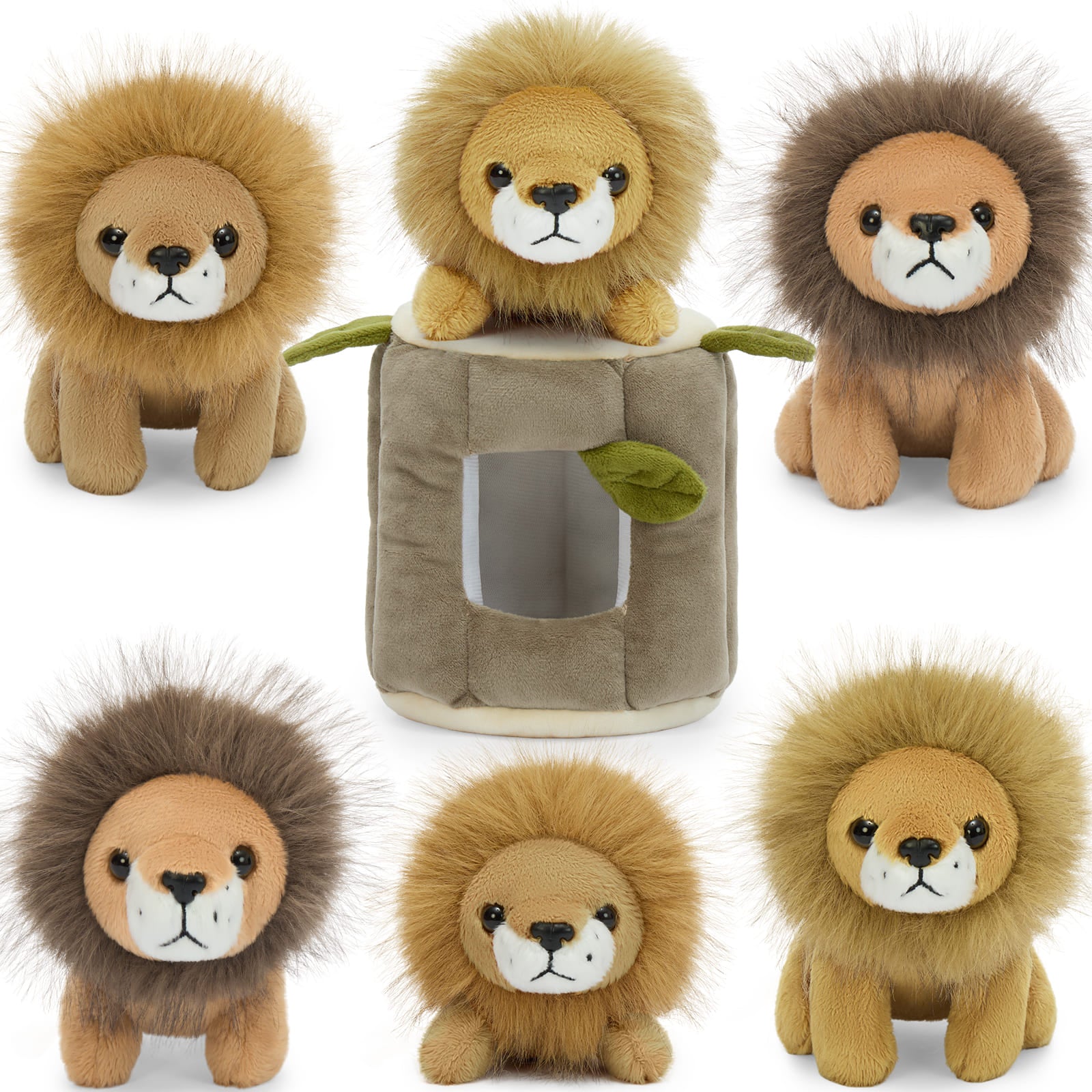 Cute Lion Plush Toy & Cozy Hideaway Tree Stump, 5.5 Inches