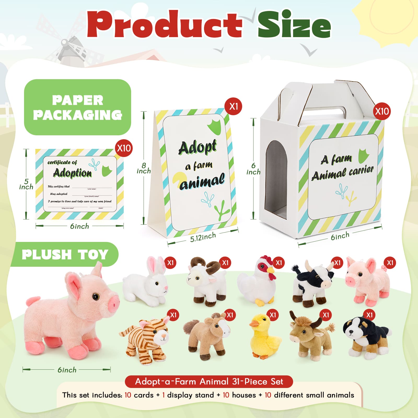 Farm Animal Plush Gift Set with Carrier & Adoption Certificate