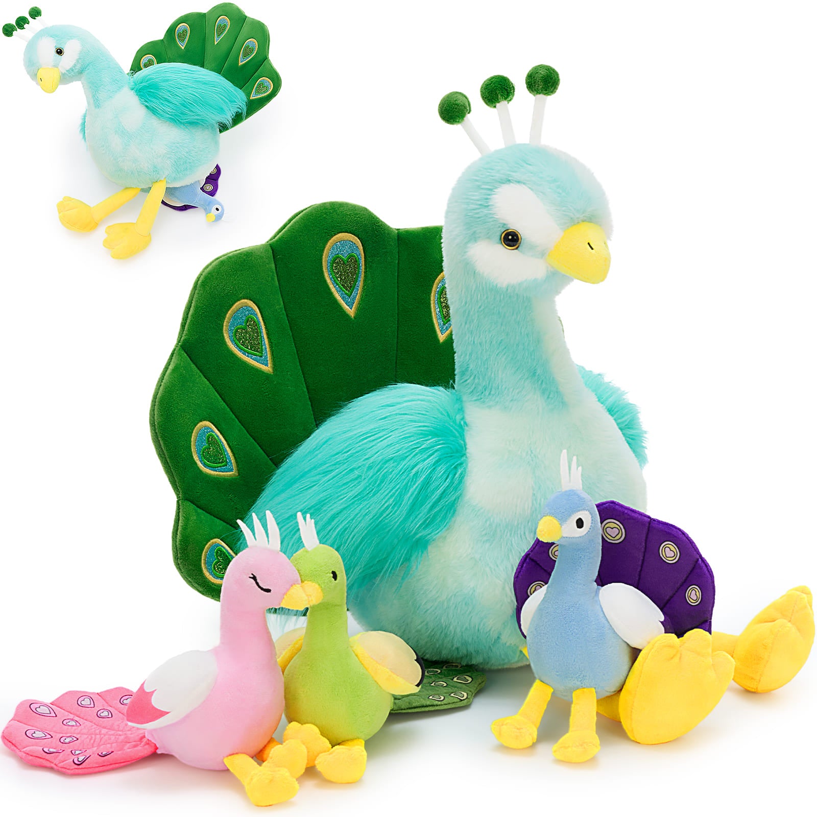 4 Pcs Peacock Stuffed Animals With Babies Inside, Blue/Pink, 17.7 Inches