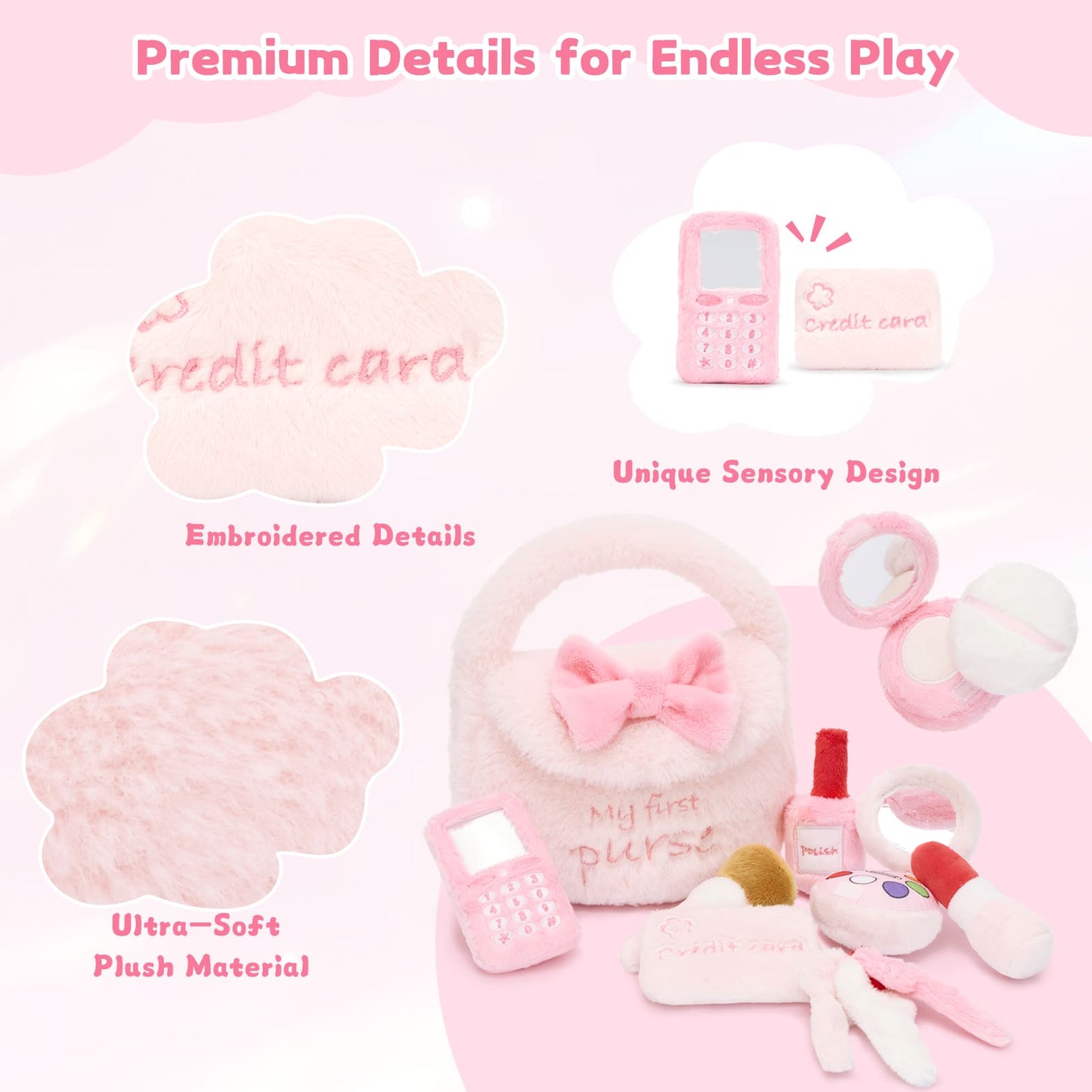 Adorable toddler pretend play purse toy set with soft pink plush handbag and makeup accessories designed for imaginative play and early learning.