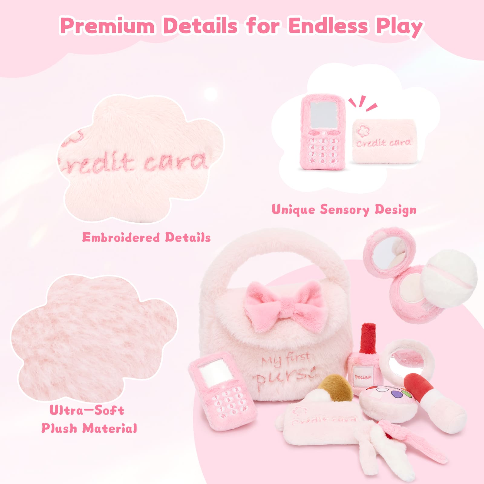 Soft Pink Pretend Makeup & Accessories Toy Set - My First Purse Plush Playset