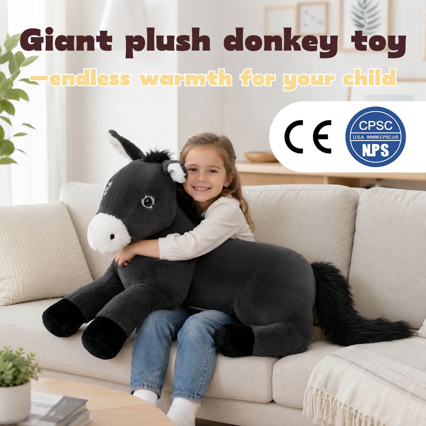 Oversized donkey plush stuffed animal featuring premium soft plush fabric, jumbo cuddle toy for imaginative play, bedroom decor, emotional comfort, and full body hugs for children