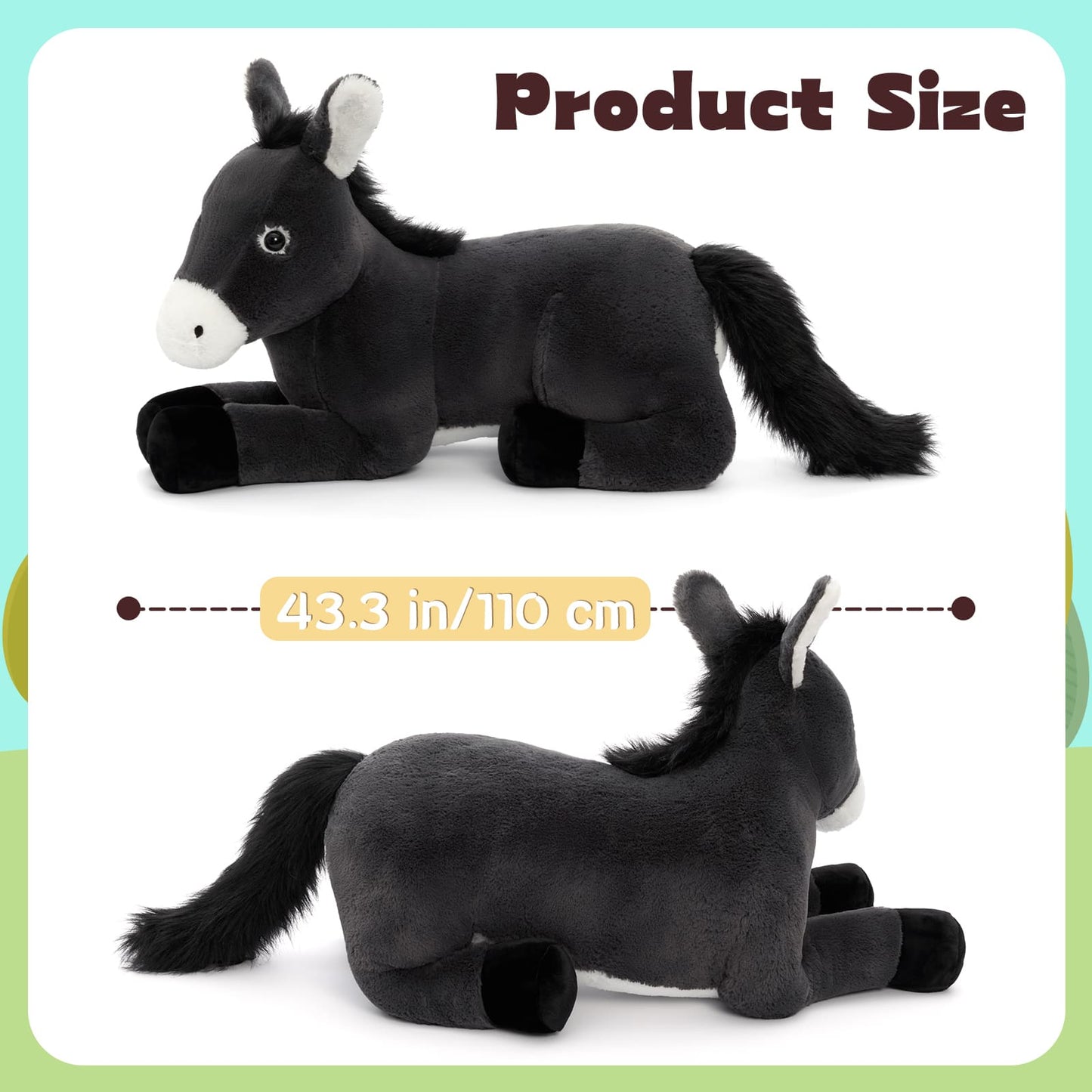 Large soft donkey stuffed animal pillow designed for kids and toddlers, oversized plush toy for bedtime cuddling, sleeping companion, nap time comfort, and cozy relaxation