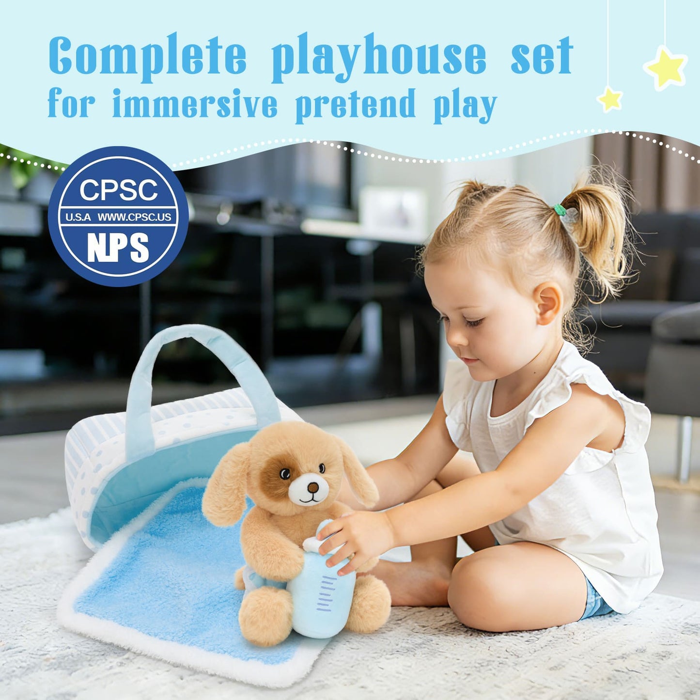 Soft stuffed puppy toy sitting in blue basket with baby blanket and toy bottle