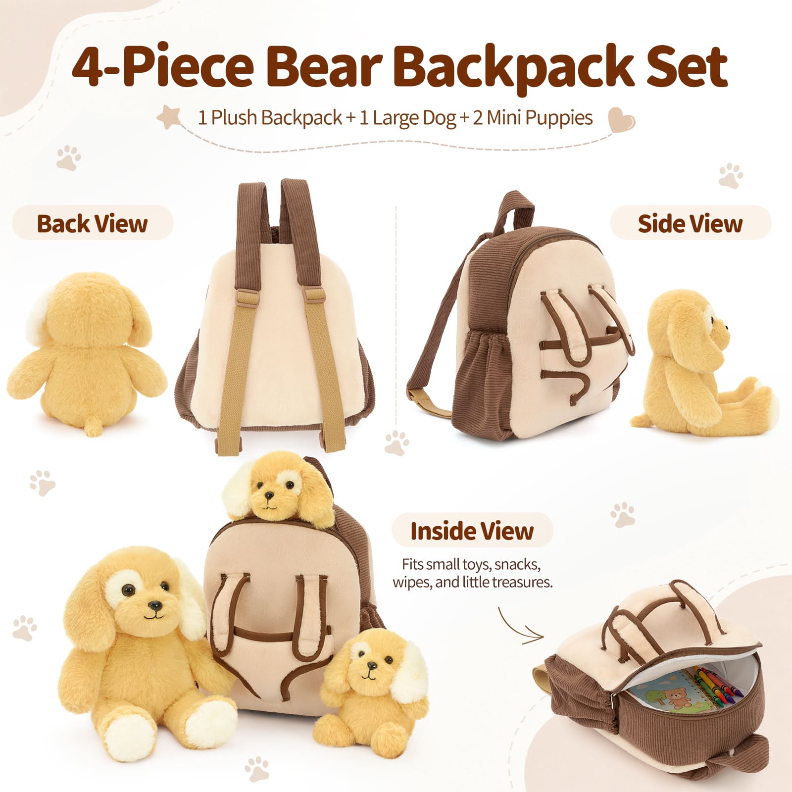 Dog Toddler Backpack Plush Bag with Detachable Toys