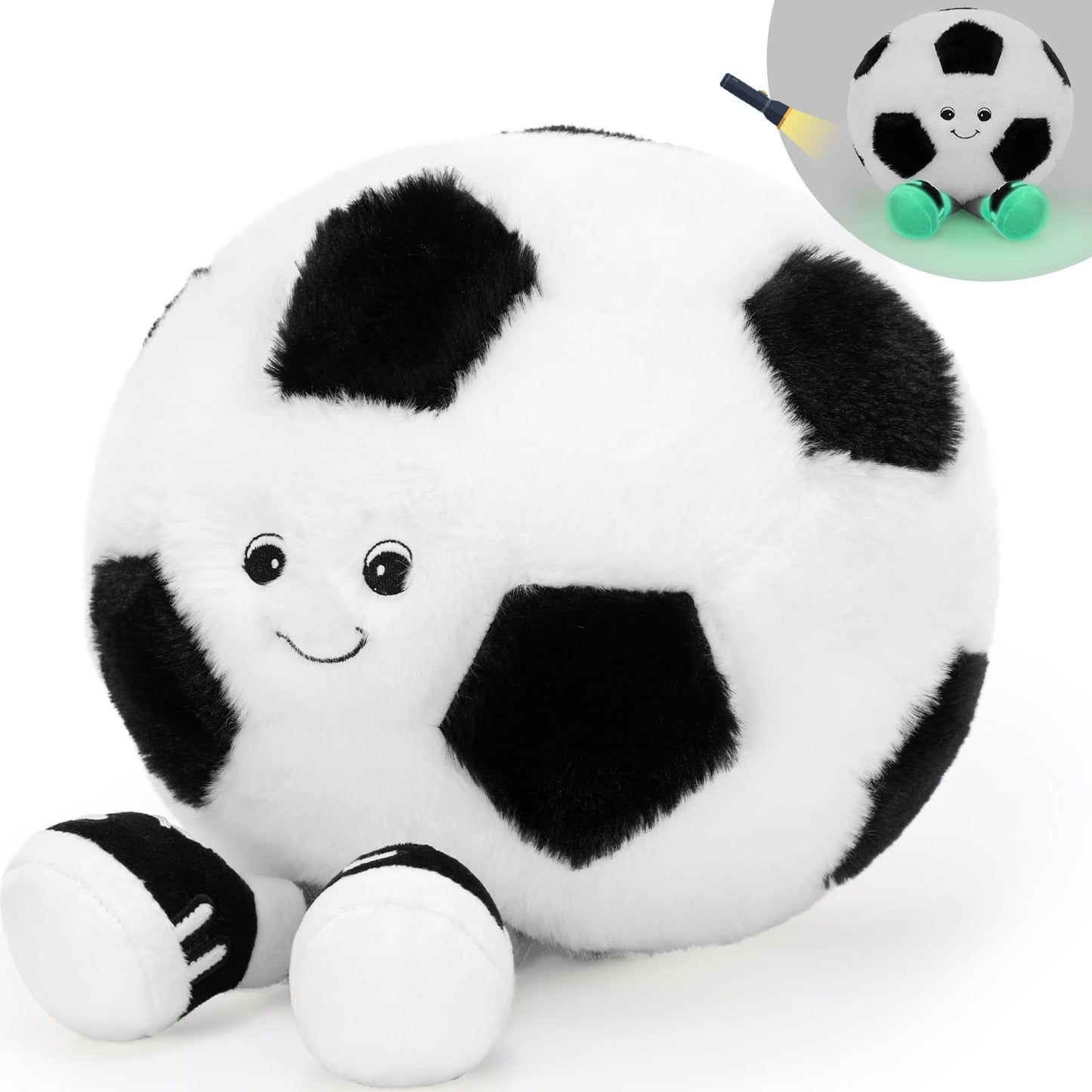 Cute soccer ball plush toy with legs smiling – soft stuffed football pillow for kids and sports fans
