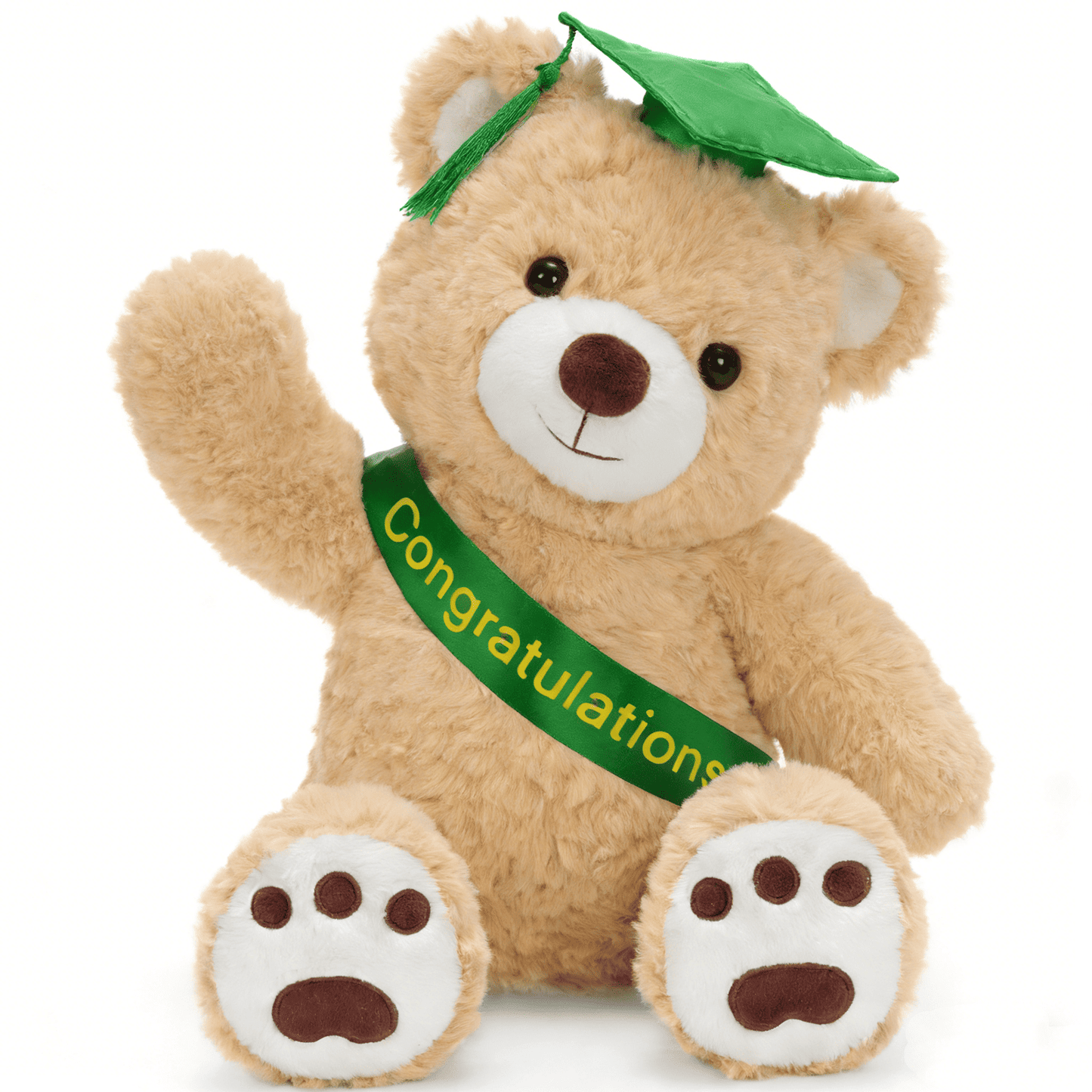 Cute graduation teddy bear plush with green cap and sash sitting upright