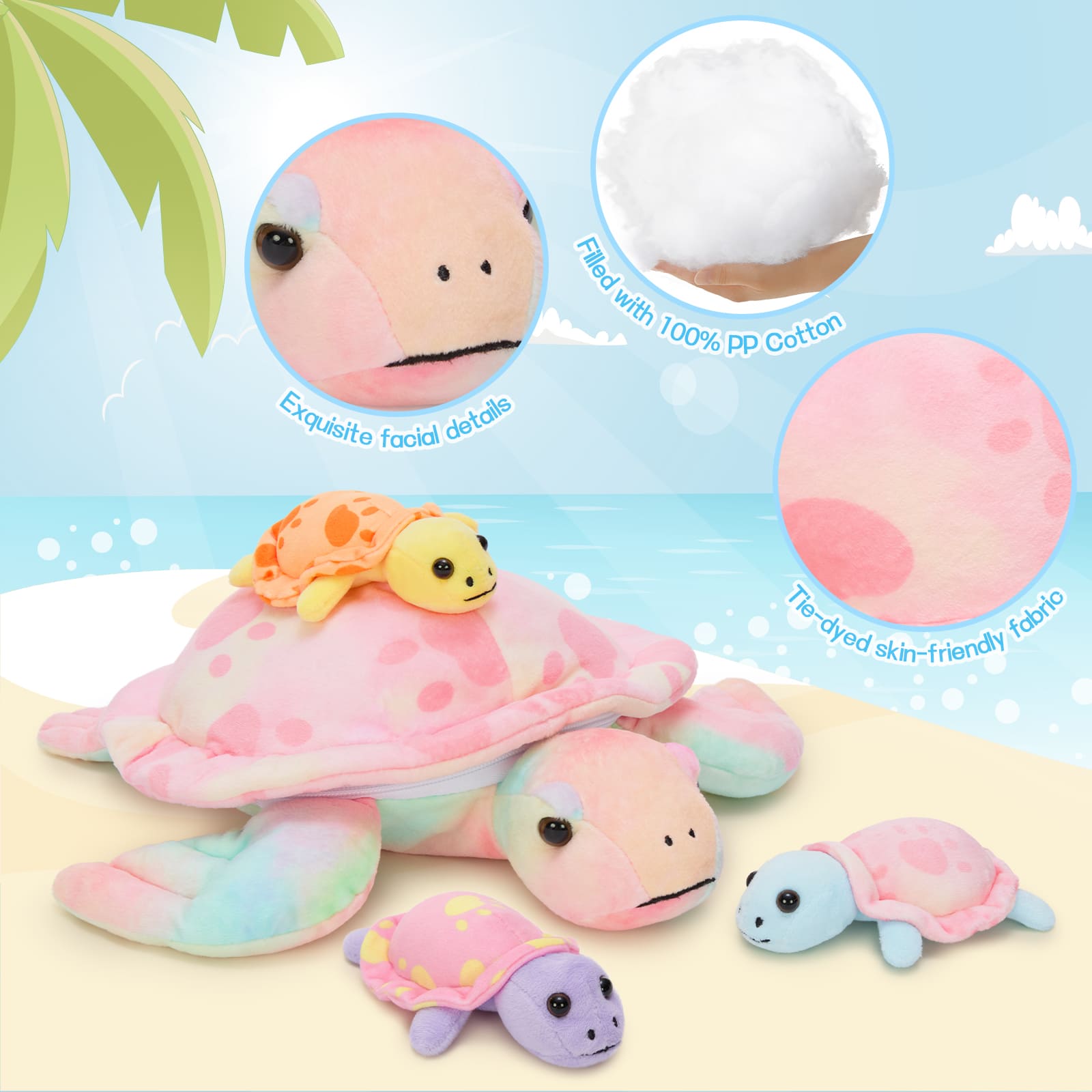 Turtle Stuffed Animal Toy with 3 Baby Turtles, 13 Inches