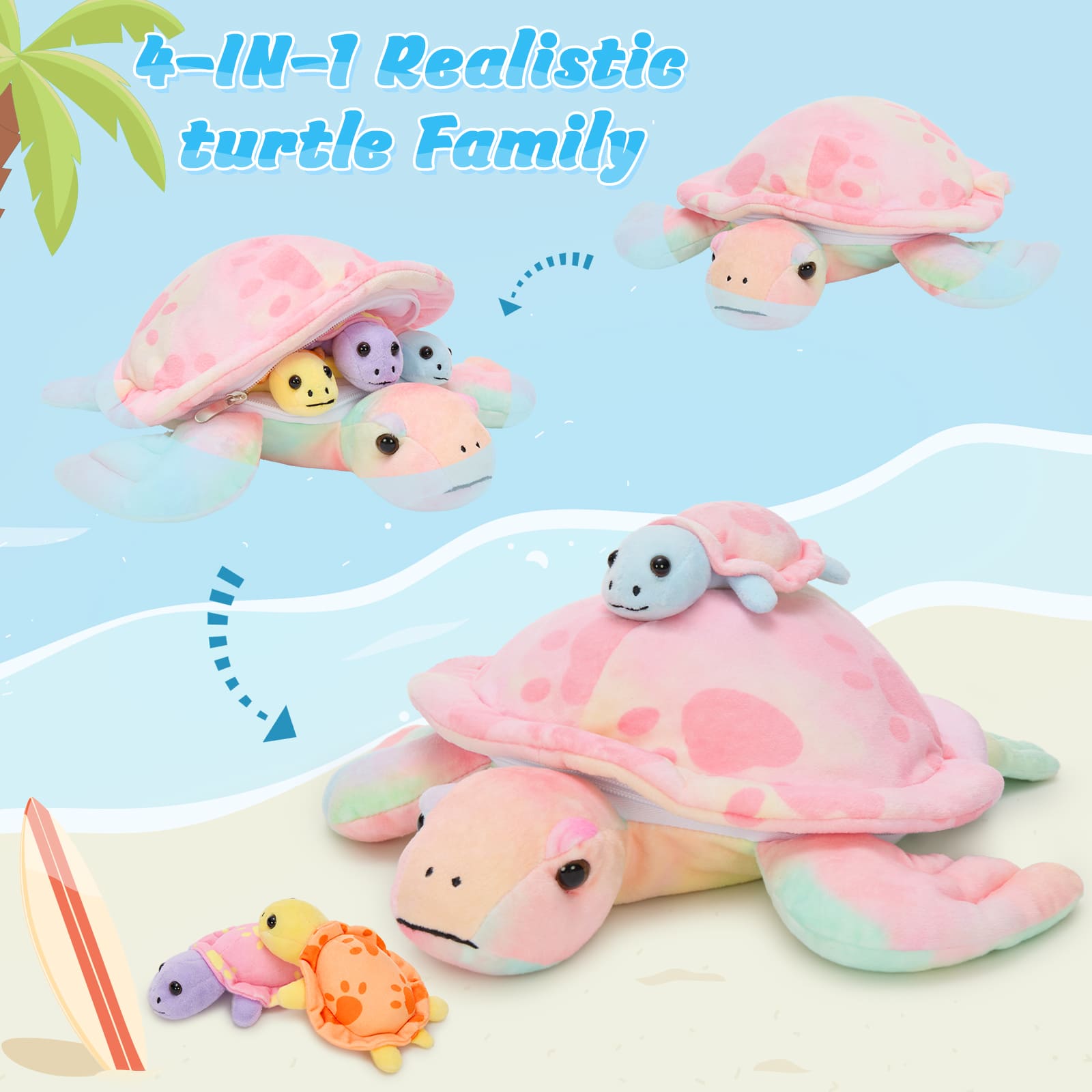Turtle Stuffed Animal Toy with 3 Baby Turtles, 13 Inches
