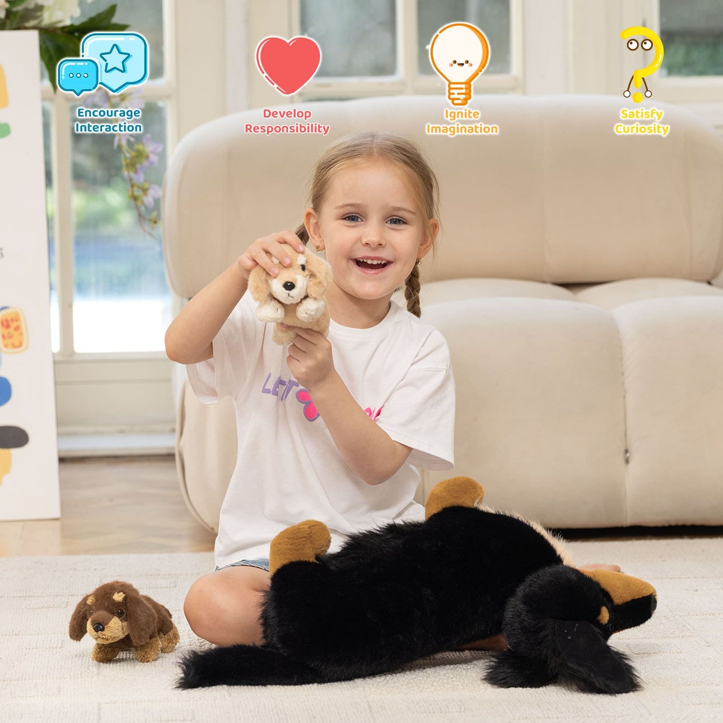 MorisMos 20'' Large Sausage Dog Stuffed Animal Mommy with Baby Puppy Toys for Kids, 3Pcs Realistic Long Hair Sausage Toys for Girl Boy Birthday Christmas