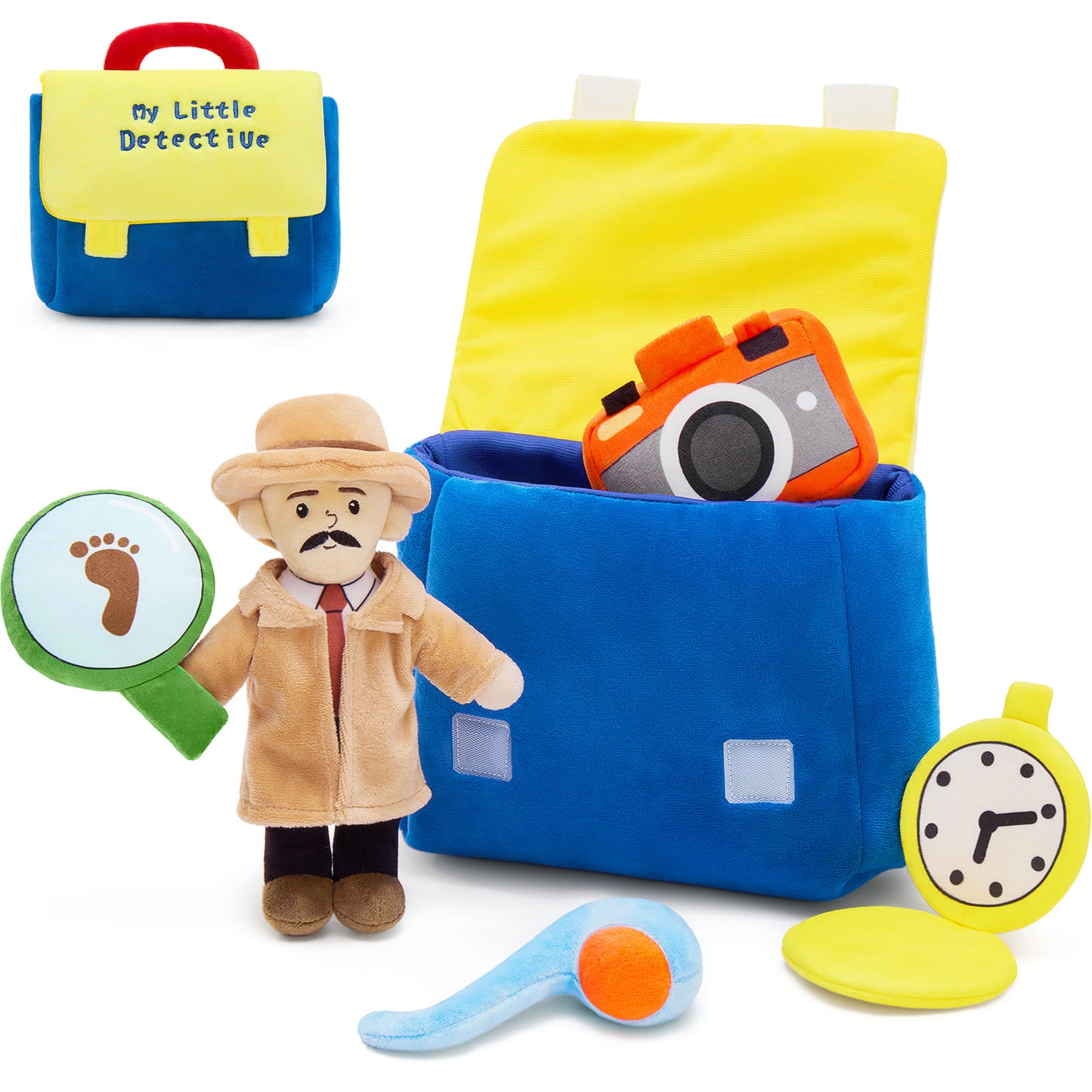 A colorful My Little Detective plush playset featuring a soft blue and yellow detective backpack, a plush detective doll wearing a coat and hat, and playful accessories including a toy camera, magnifying glass, clock, and footprint clue tools, designed for imaginative role-play and educational detective adventures for kids.
