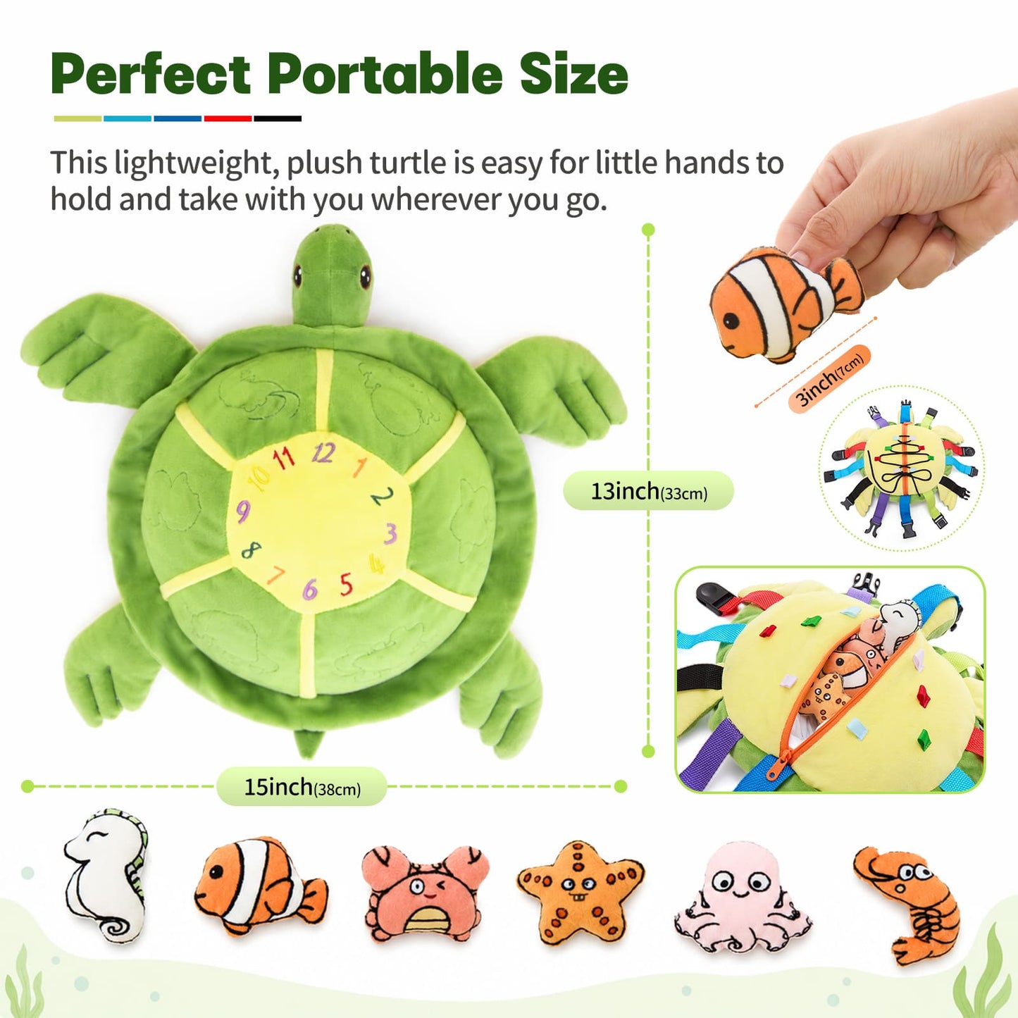 Baby sensory activity turtle toy with buckles numbers and educational plush learning design for toddlers