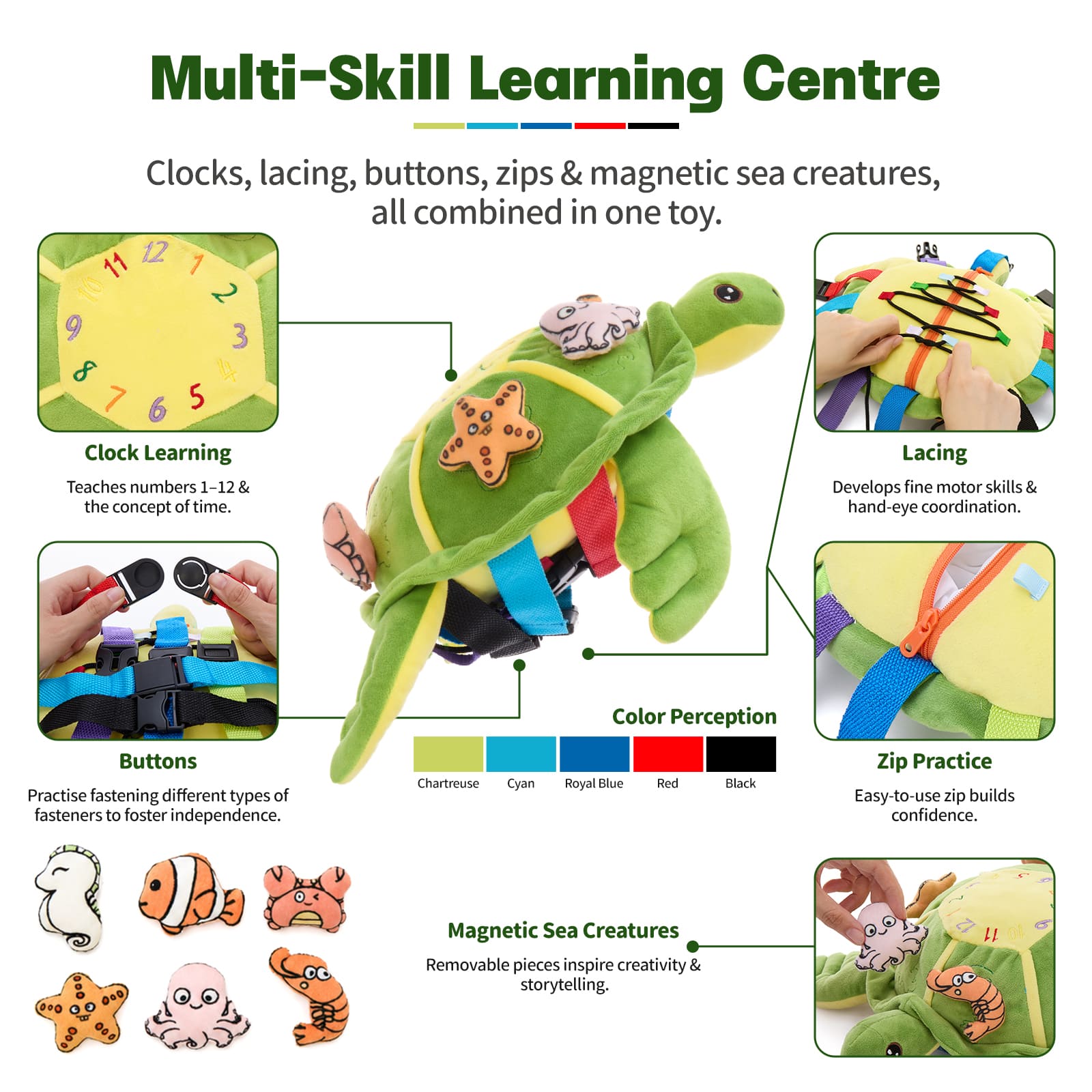 Montessori Sensory Turtle Plush Toy Busy Board Learning Toy
