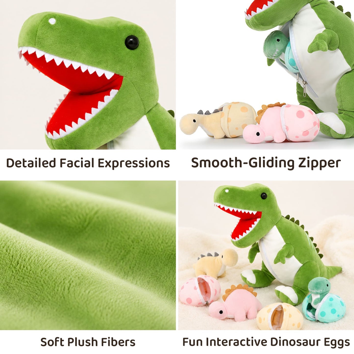 Dinosaur Stuffed Toy with 3 Baby Dinosaurs, Green/Pink/Grey, 23.6 Inches