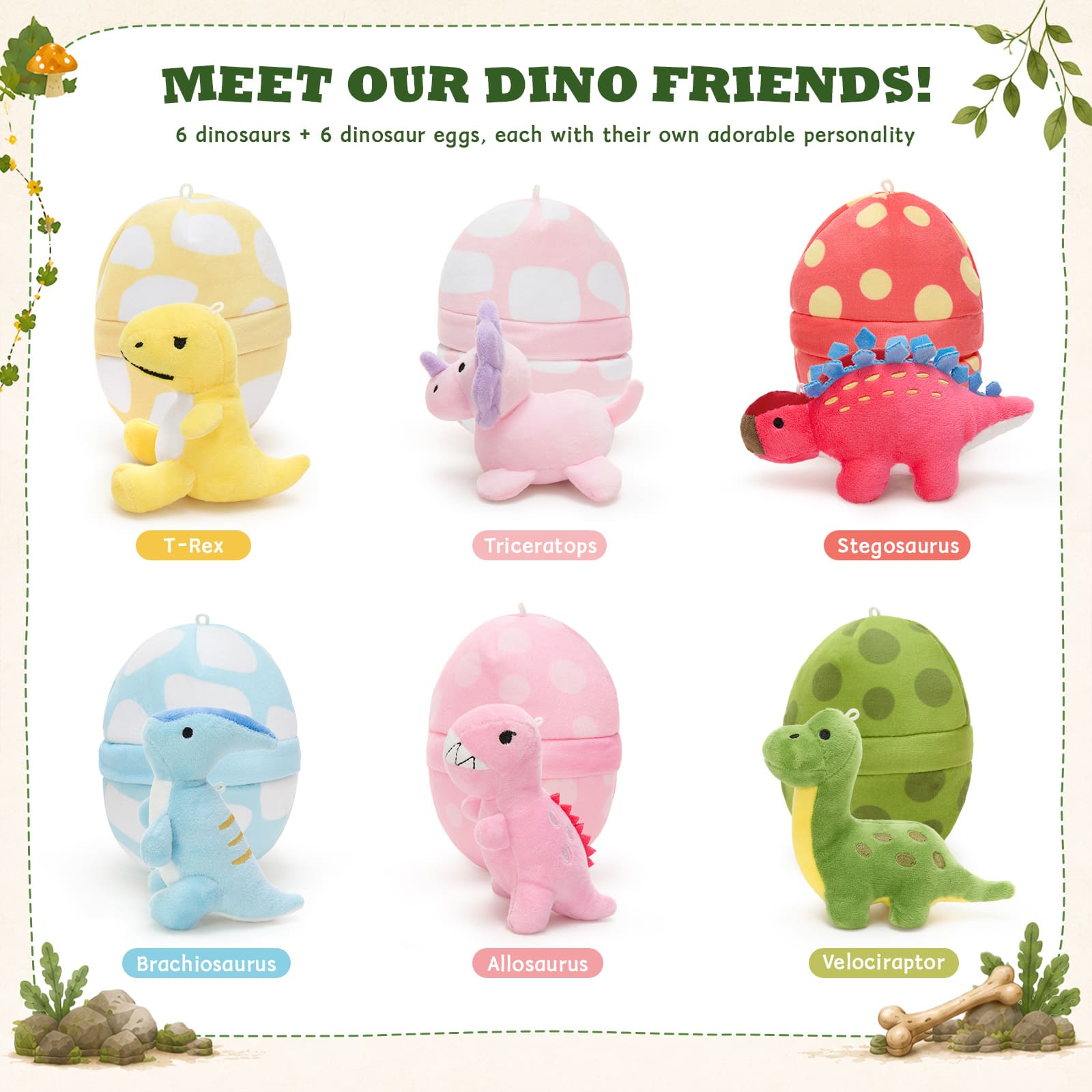 6-Pack Dinosaur Egg Plush Toy Set with Colorful Eggs for Kids