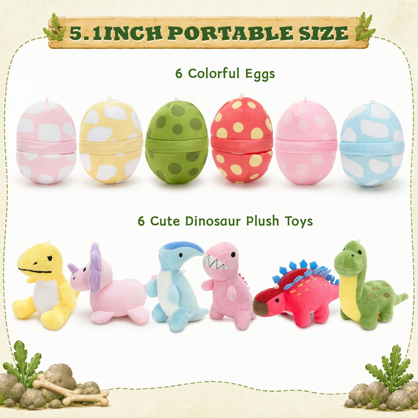 Portable 5.11-inch dinosaur egg plush toys designed for little hands, imaginative play, travel, bedroom décor, and everyday cuddling