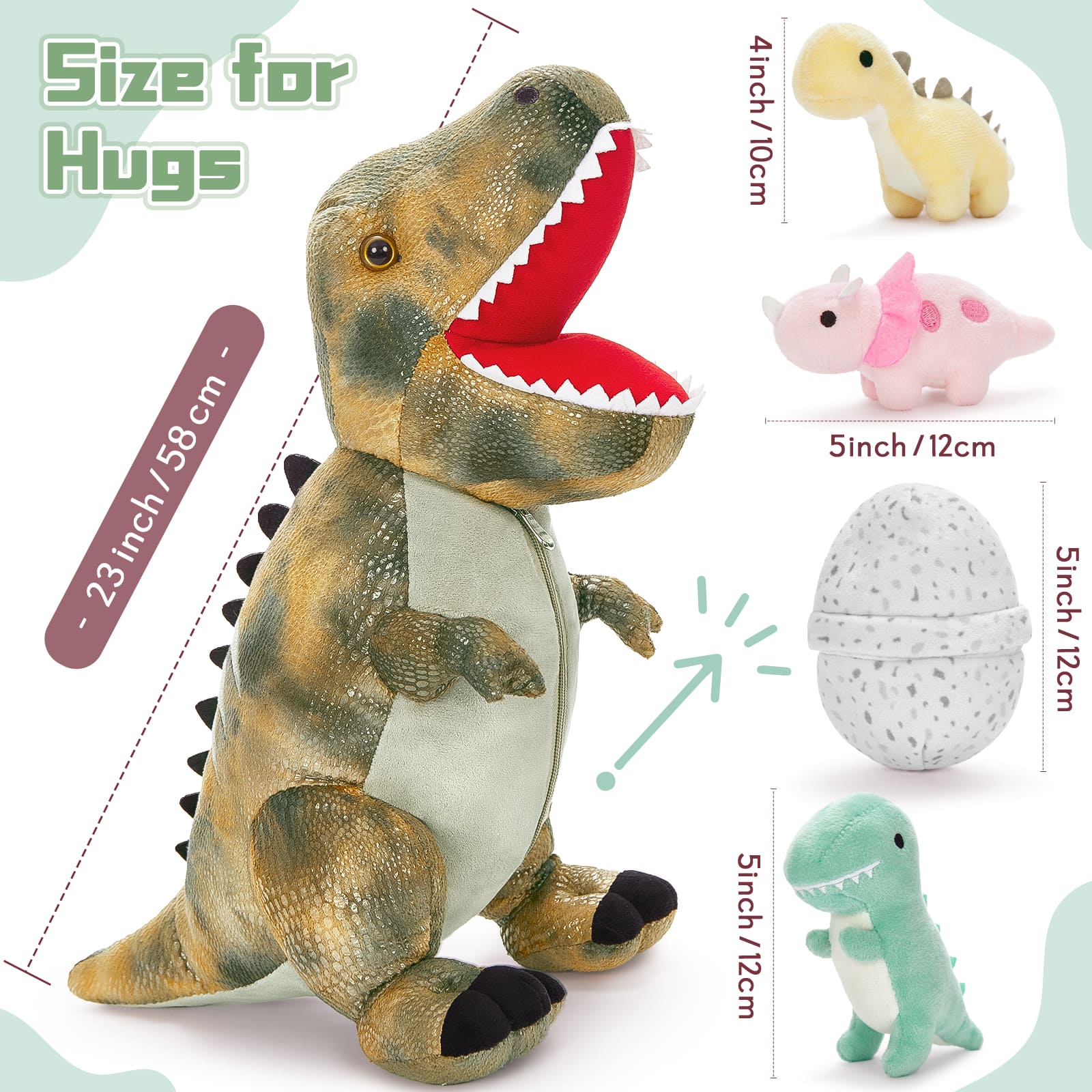 Dinosaur Stuffed Toy with 3 Baby Dinosaurs, Green/Pink/Grey, 23.6 Inches