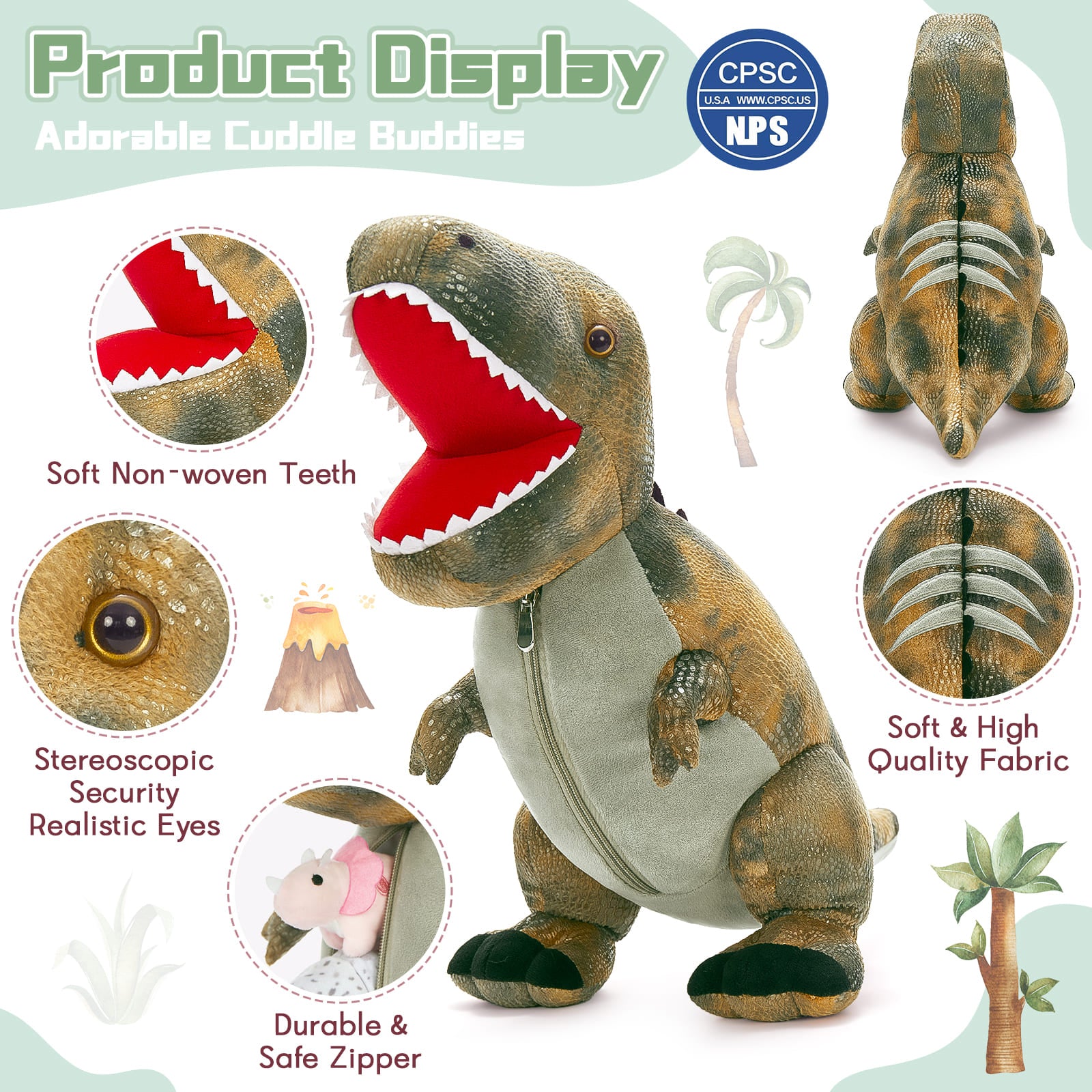 Dinosaur Stuffed Toy with 3 Baby Dinosaurs, Green/Pink/Grey, 23.6 Inches