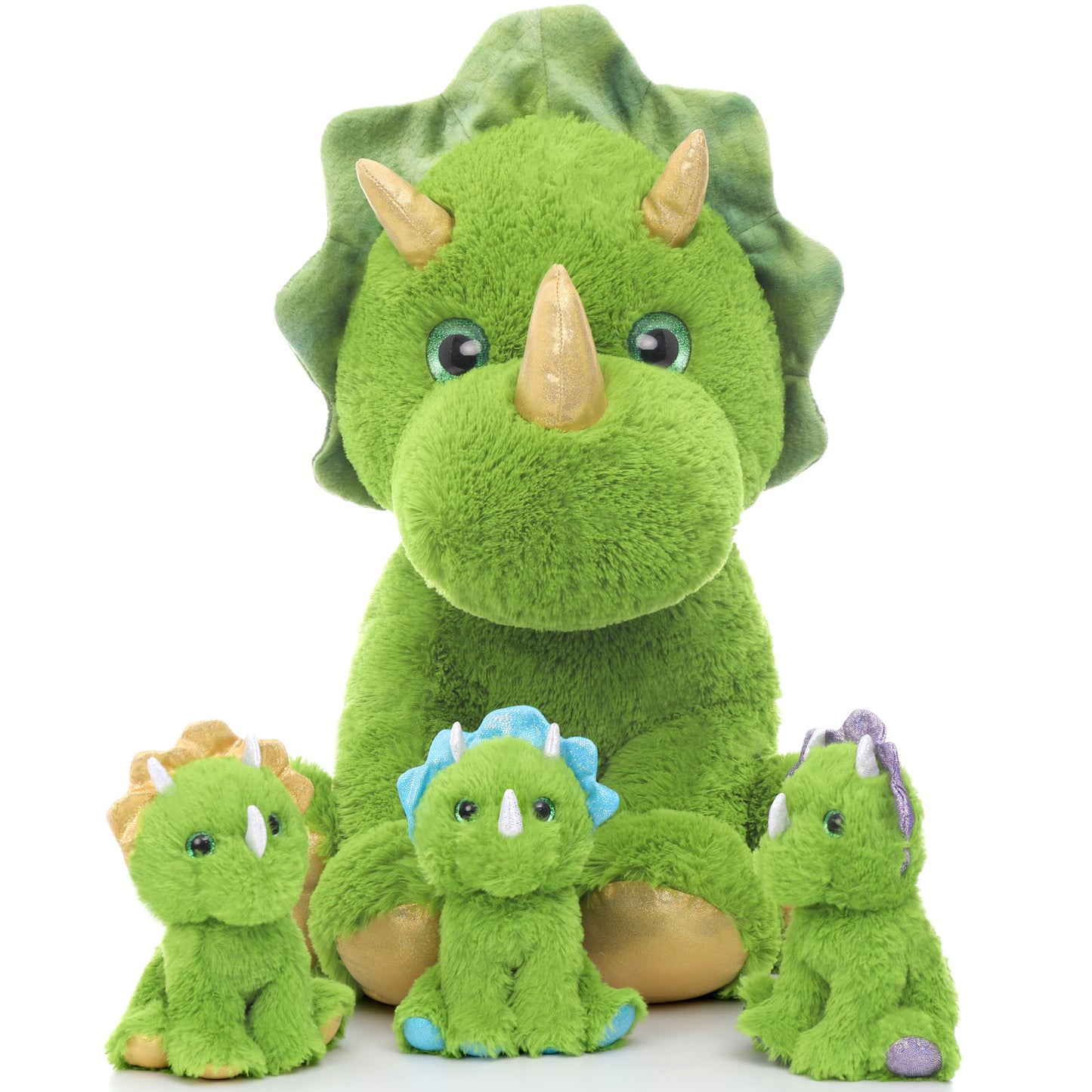Triceratops Stuffed Animals Bulk - 4 Pcs Green Dinosaur Plush Toys - Stuffed Animal Babies with Their Mom - Mini Dinosaur Babies Plush for Little Girls Boys - Kids Jurassic Park Pretend Play Games