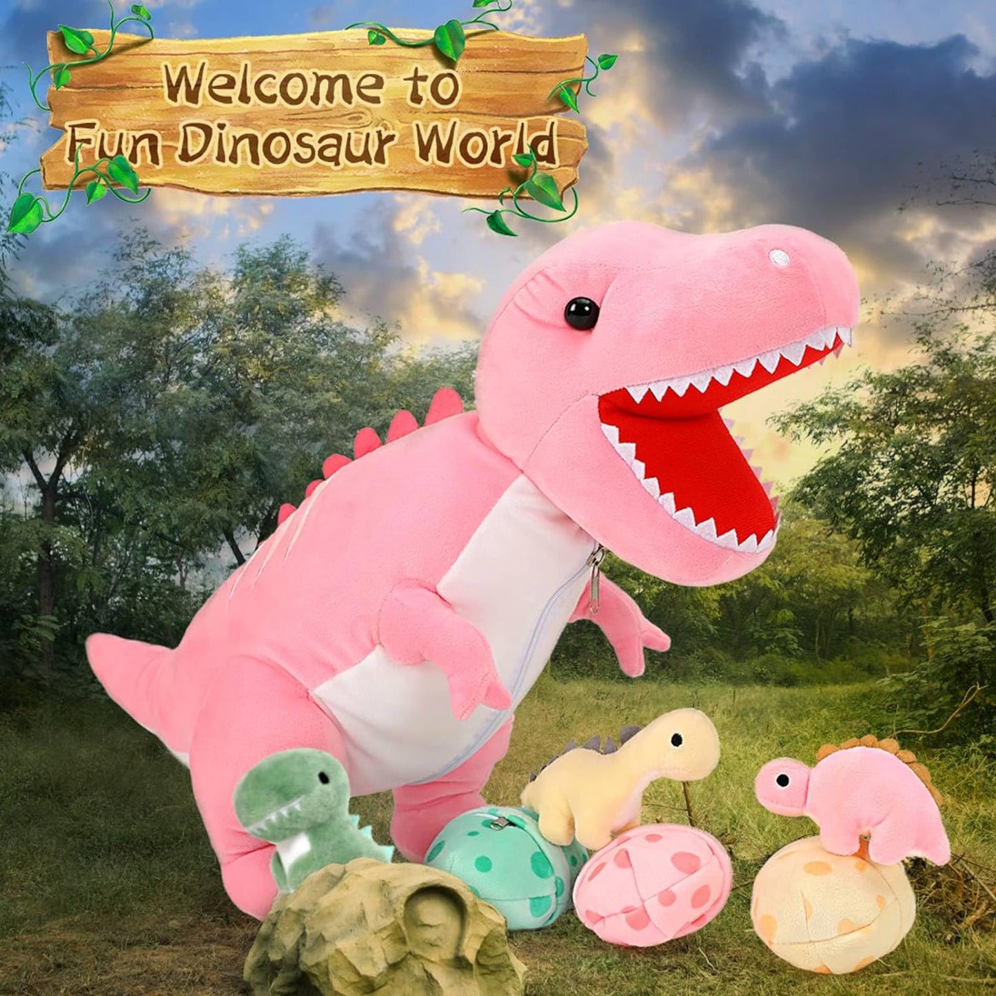 Dinosaur Plush Toys - 7 Pcs Dino Stuffed Animals Bulk - Cute Tyrannosaurus Dinosaur Plush Dolls - Stuffed Animal Dinosaur Babies with Their Mom - Jurassic Park Soft Toys - Gifts for Boys Girls