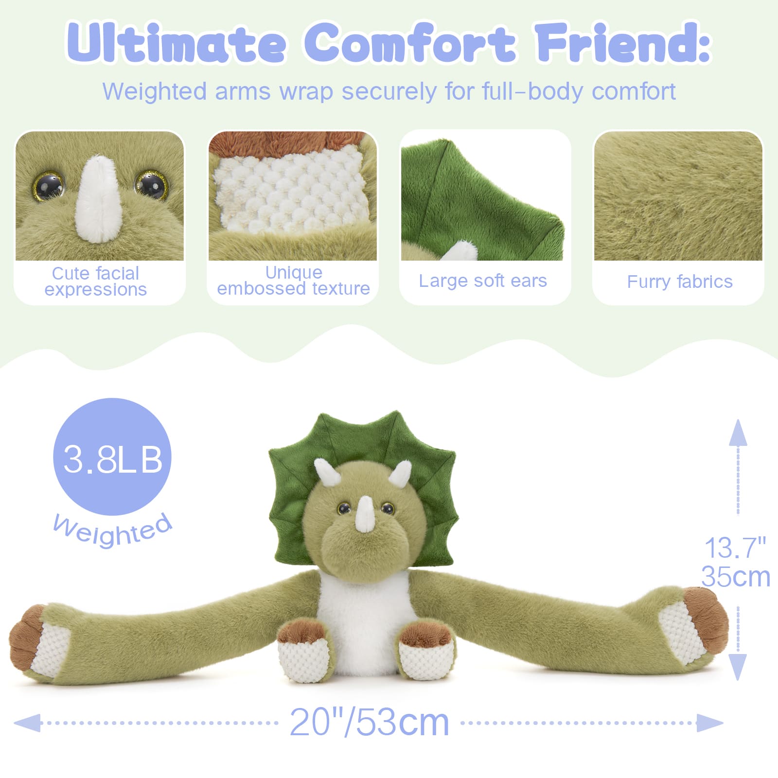 Dinosaur Wighted Plush Pillows with 20 Inches Long Arms, Green, 3.8 LB