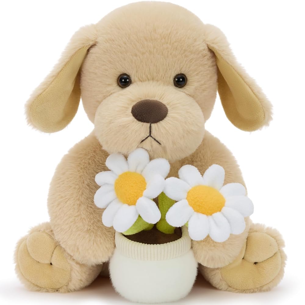 MorisMos 11.8" Dog Stuffed Animal with Flower,Stuffed Dog Puppy Plushies Toy