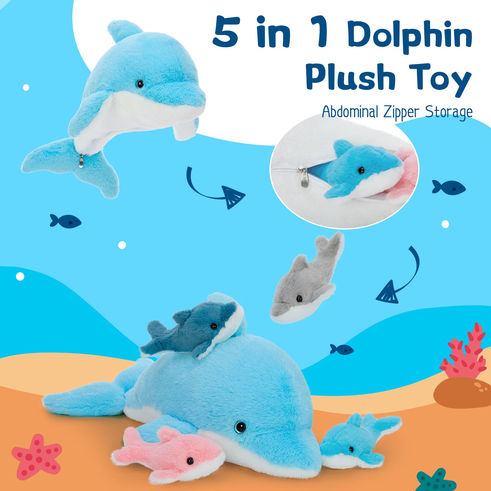 Dolphin Plush Toys Ocean Stuffed Animals, Blue, 20.5 Inches