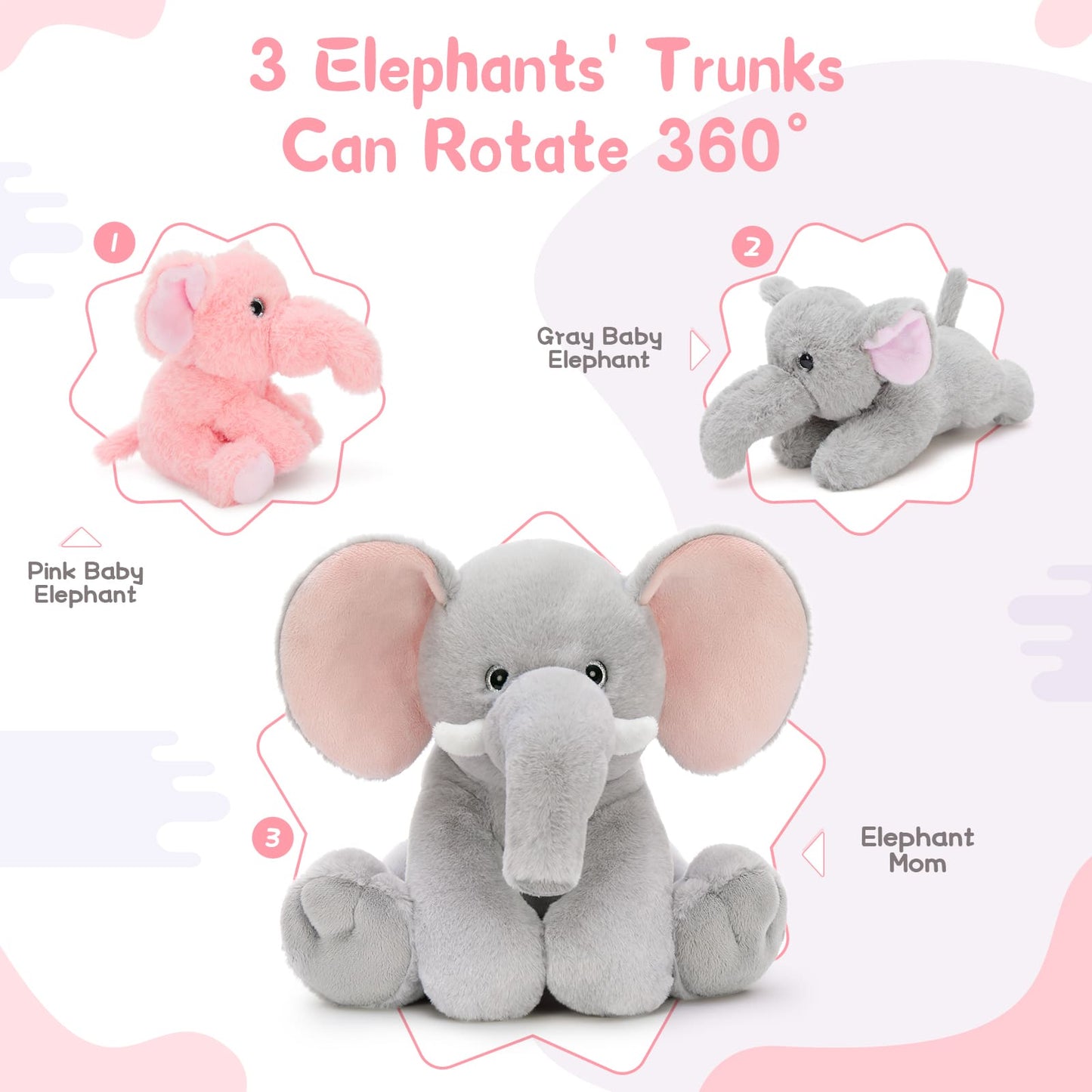 MorisMos Elephant Stuffed Animals, Interactive Plush Toy Set with Rotating Trunk