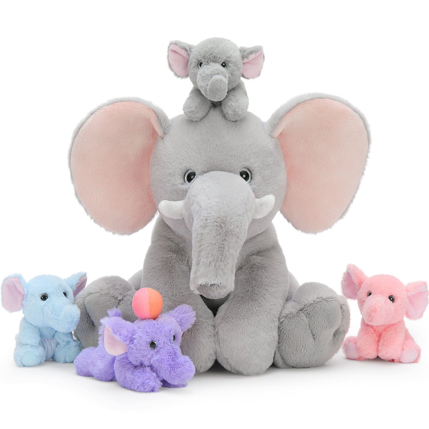 Elephant family plush toy set with big mom elephant, baby elephant wearing diaper, and baby elephant holding ball, soft stuffed animals