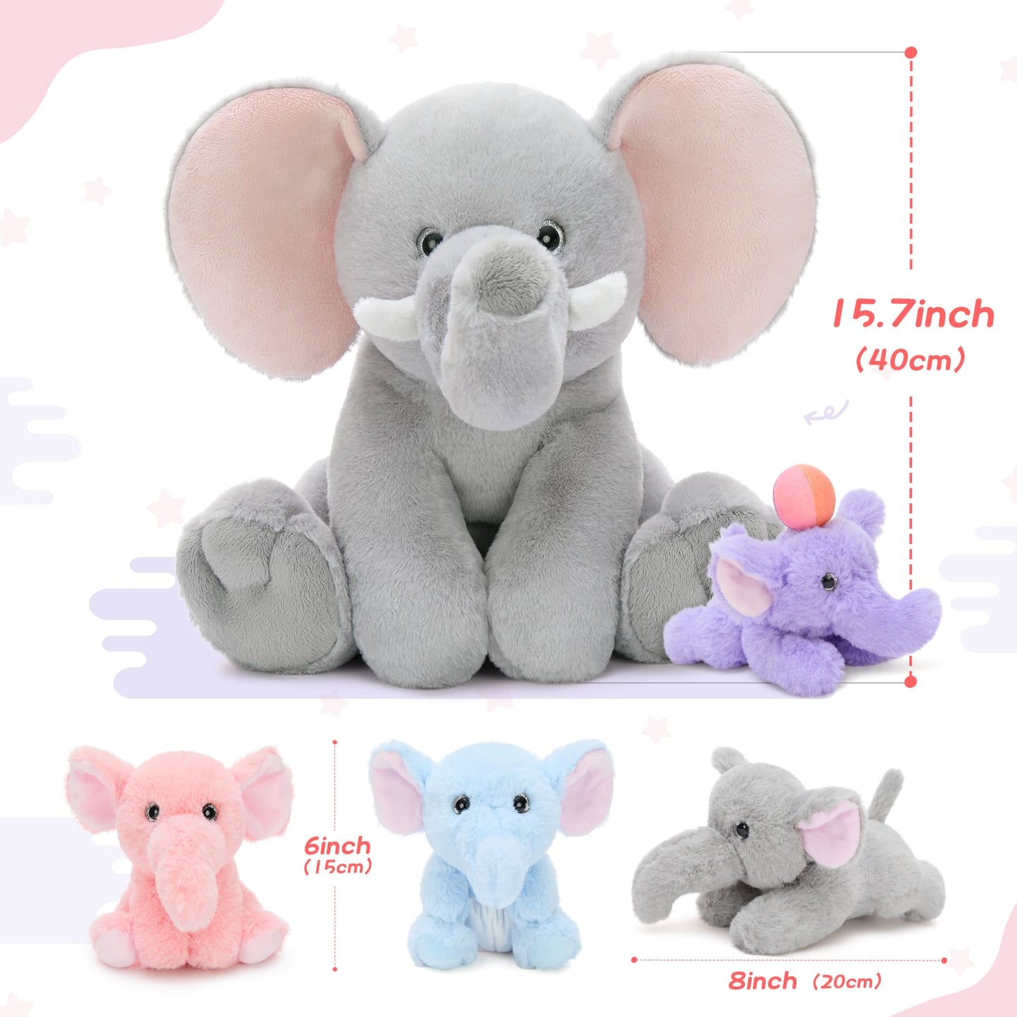 Elephant family plush toy set with big mom elephant, baby elephant wearing diaper, and baby elephant holding ball, soft stuffed animals