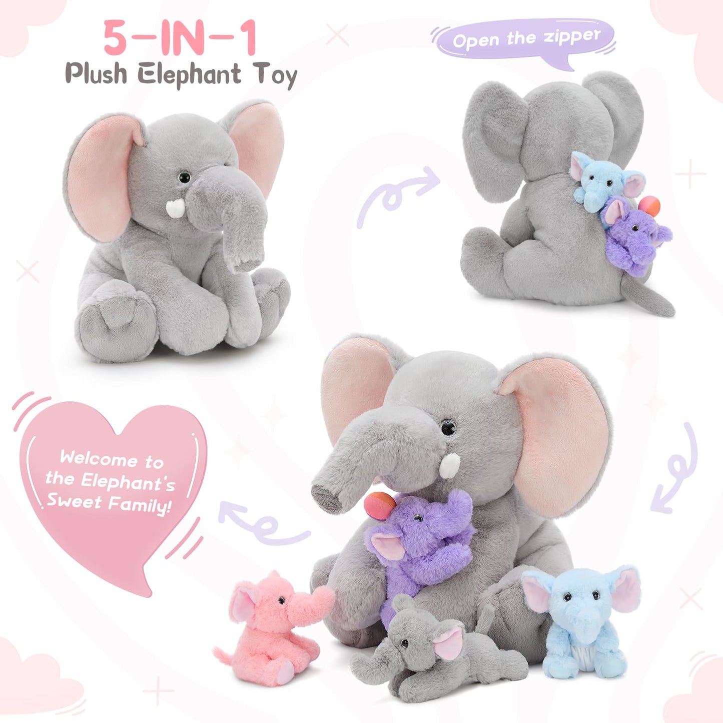 Elephant family plush toy set with big mom elephant, baby elephant wearing diaper, and baby elephant holding ball, soft stuffed animals