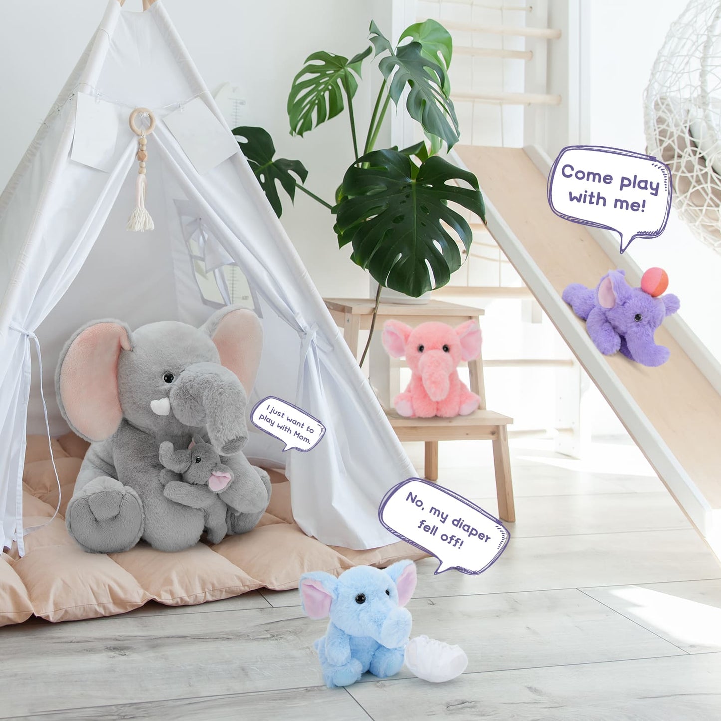 Elephant family plush toy set with big mom elephant, baby elephant wearing diaper, and baby elephant holding ball, soft stuffed animals